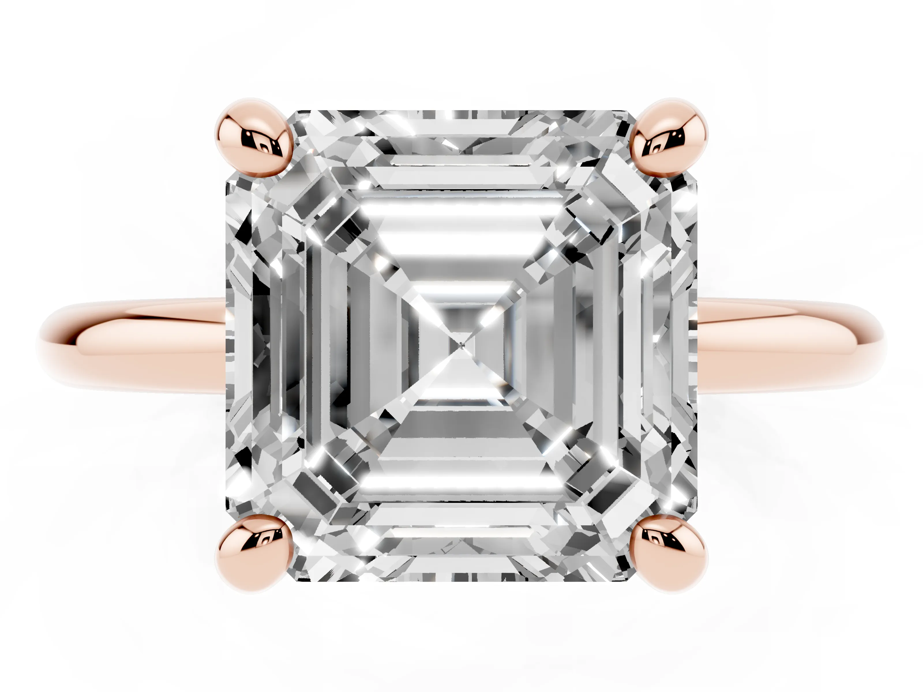 Asscher Cut Diamond Solitaire Ring Set in Rose gold with Prong Setting on a Polished Plain Band