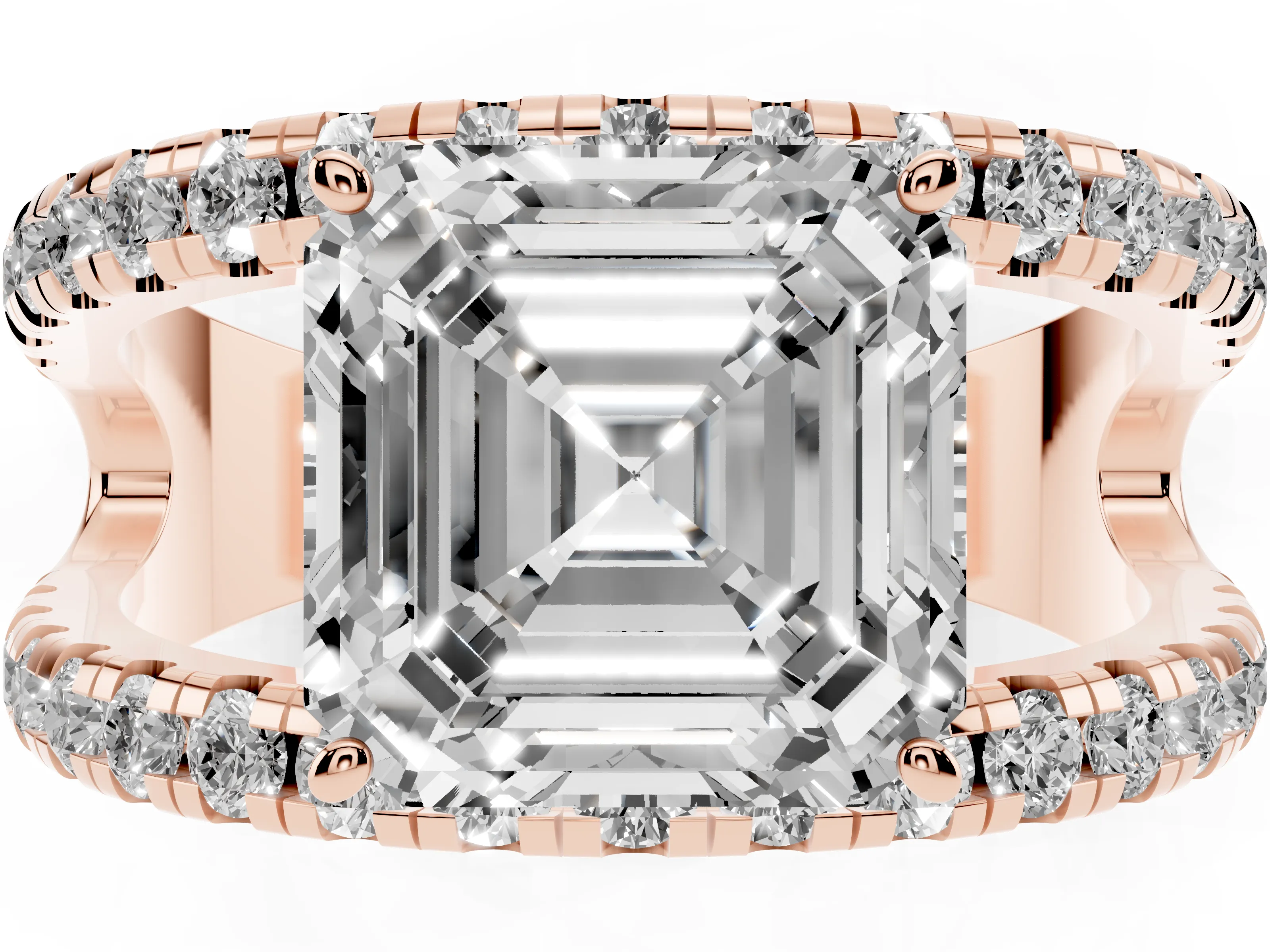 Asscher Cut Diamond Split Shank Pavé Solitaire Ring Set in Rose gold with Open Shank Design