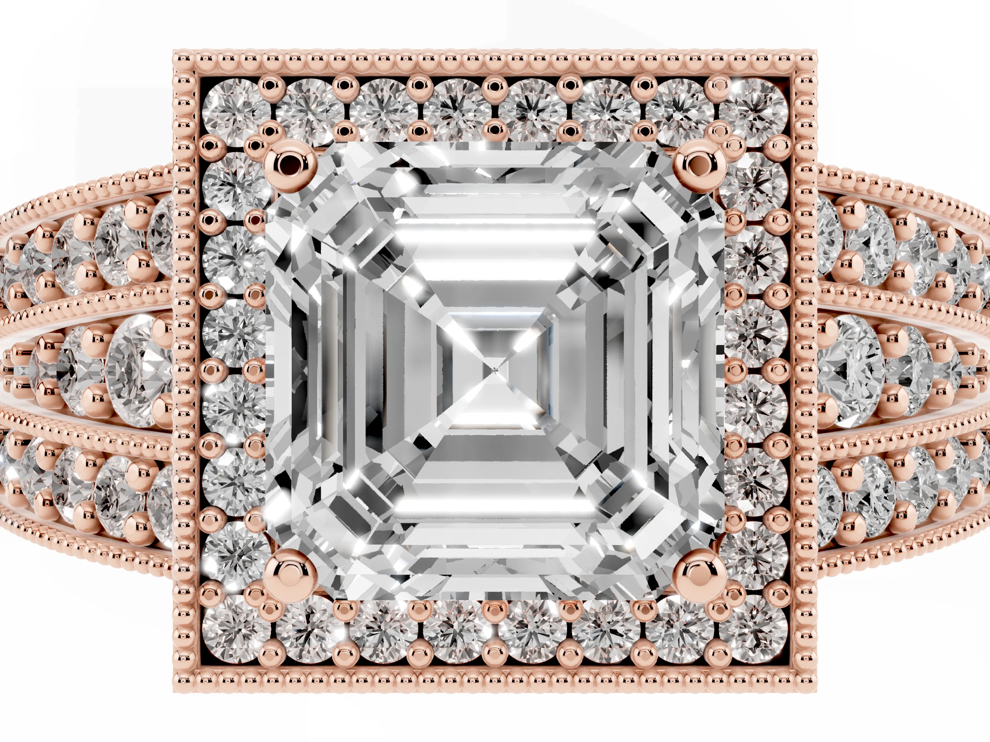 Asscher Cut Diamond Halo Ring Set in Rose gold with Accent Split Shank and Prong Setting