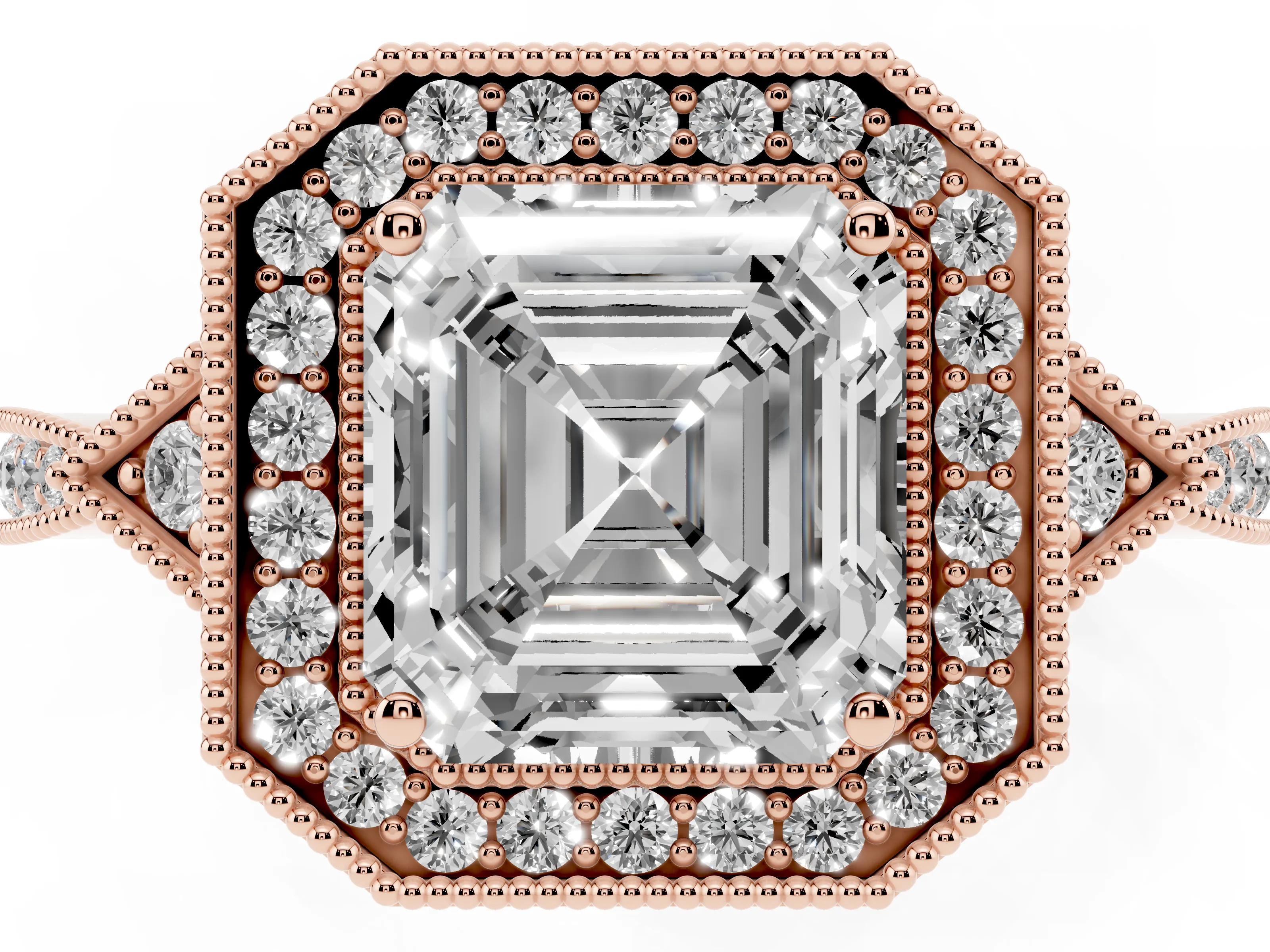 Asscher Cut Diamond Halo Engagement Ring Set in Rose gold with Milgrain Pavé Band