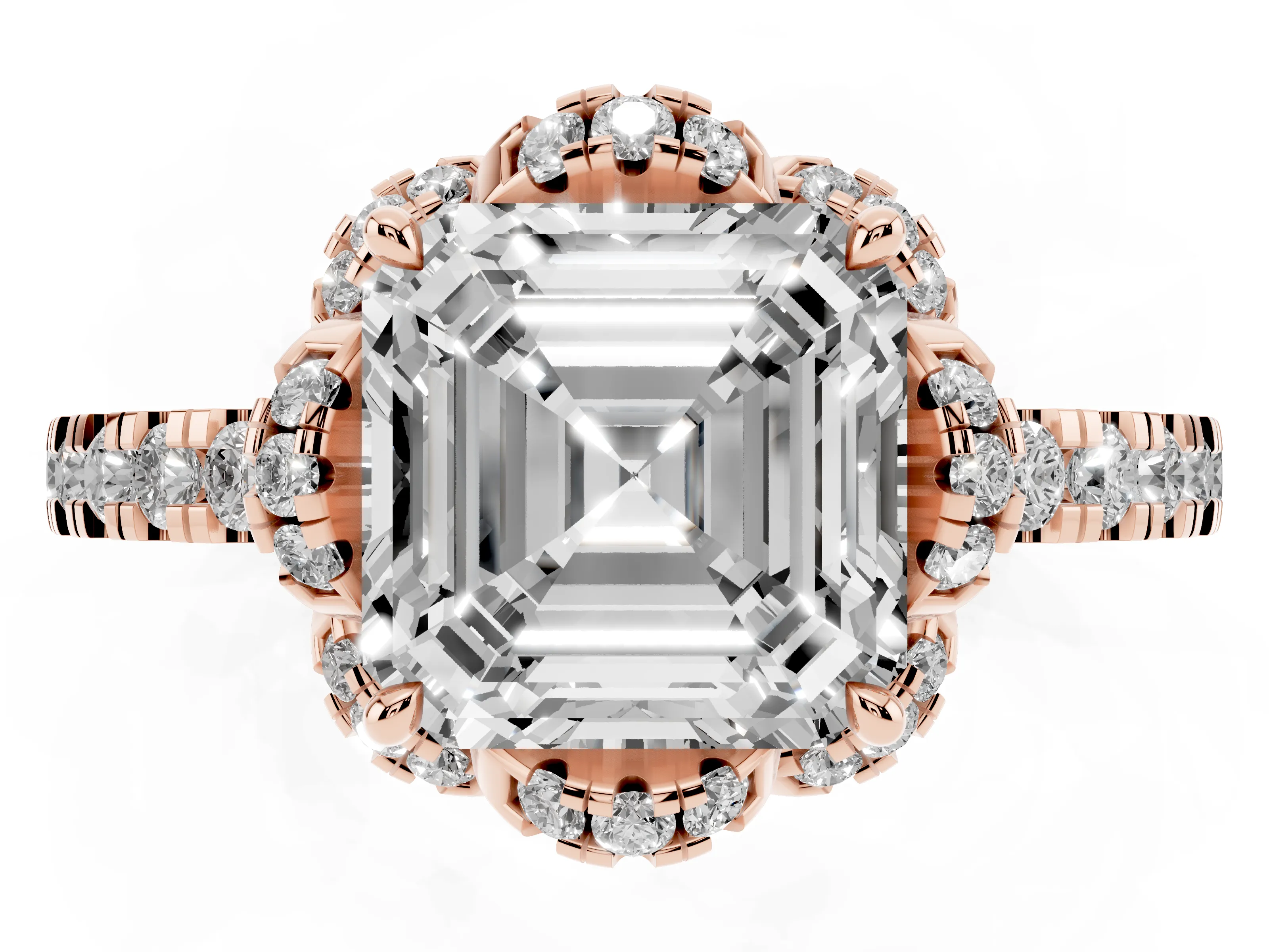 Asscher Cut Diamond Halo Pavé Band Ring Set in Rose gold with Prong-Held Center