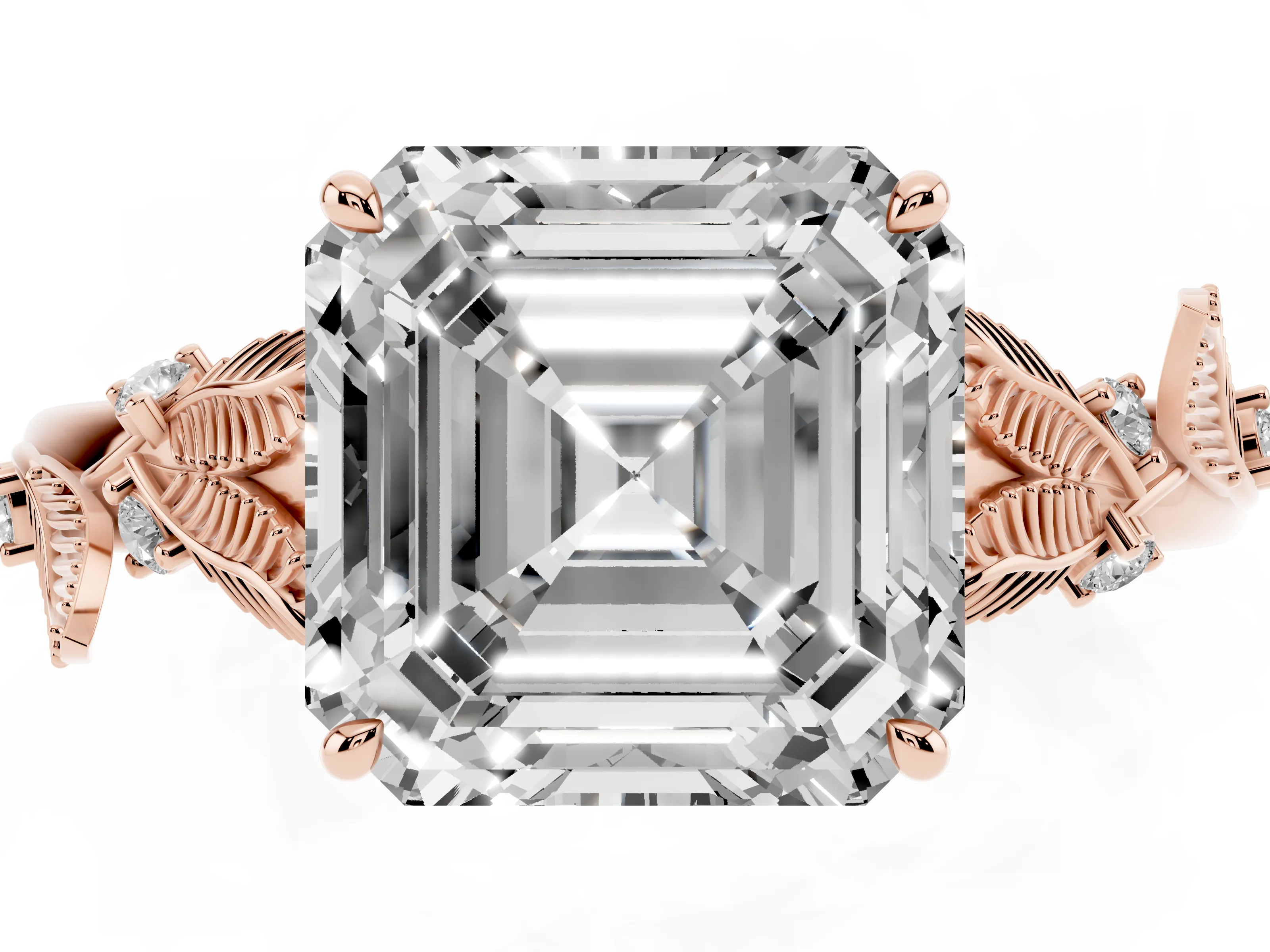 Asscher Cut Diamond Solitaire Ring Set in Rose gold with Leaf Motif Band