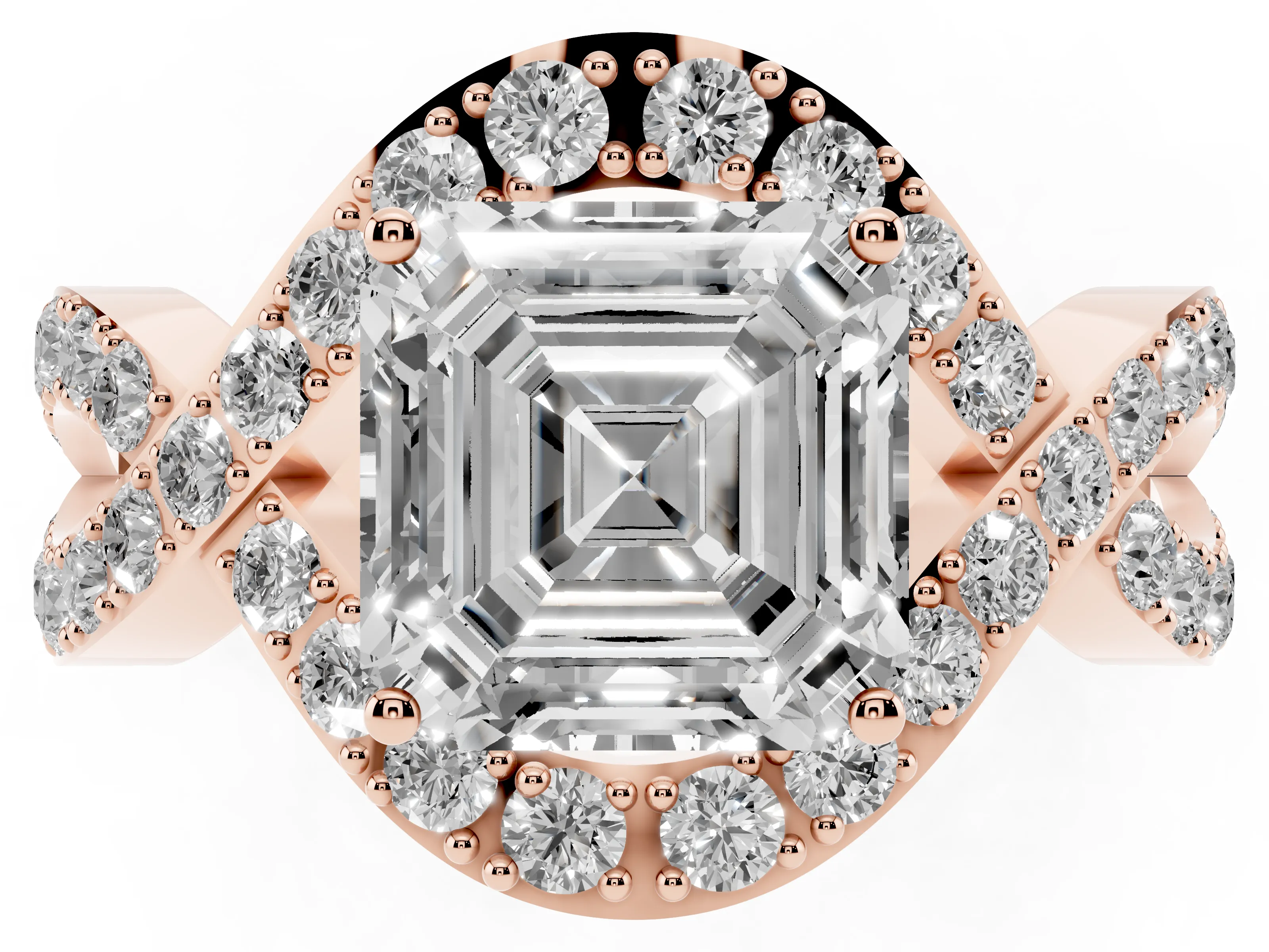 Asscher Cut Diamond Solitaire Twist Band Pavé Engagement Ring Set in Rose gold