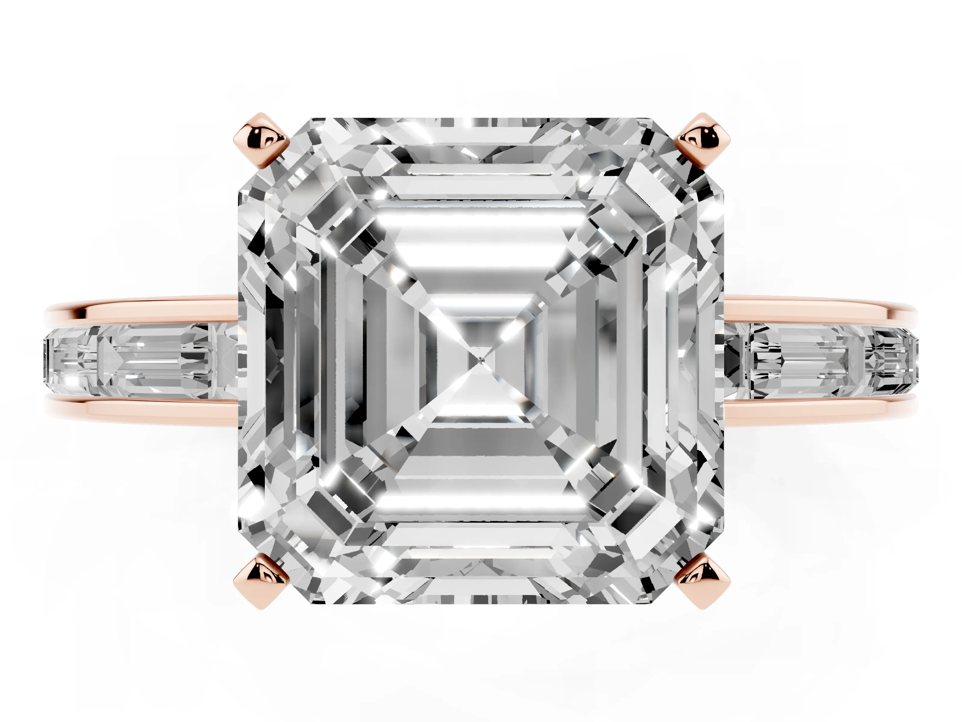 Asscher Cut Diamond Solitaire Ring Set in Rose gold with Channel-Set Baguette Band and Prong Setting