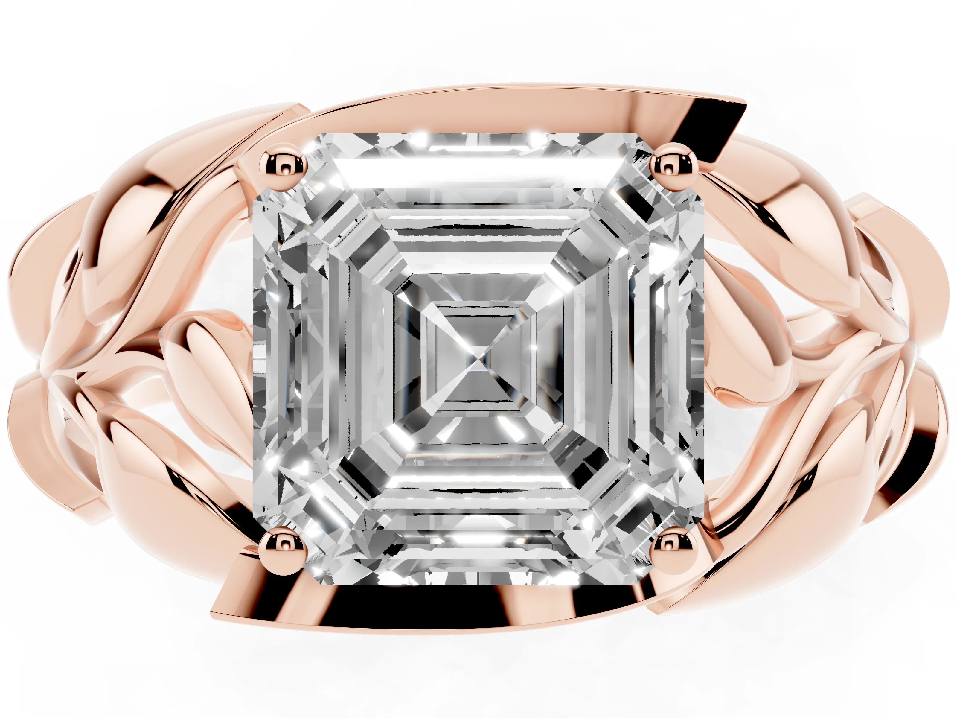 Asscher Cut Diamond Leaf-Inspired Engagement Ring Set in Rose gold with Round Accents