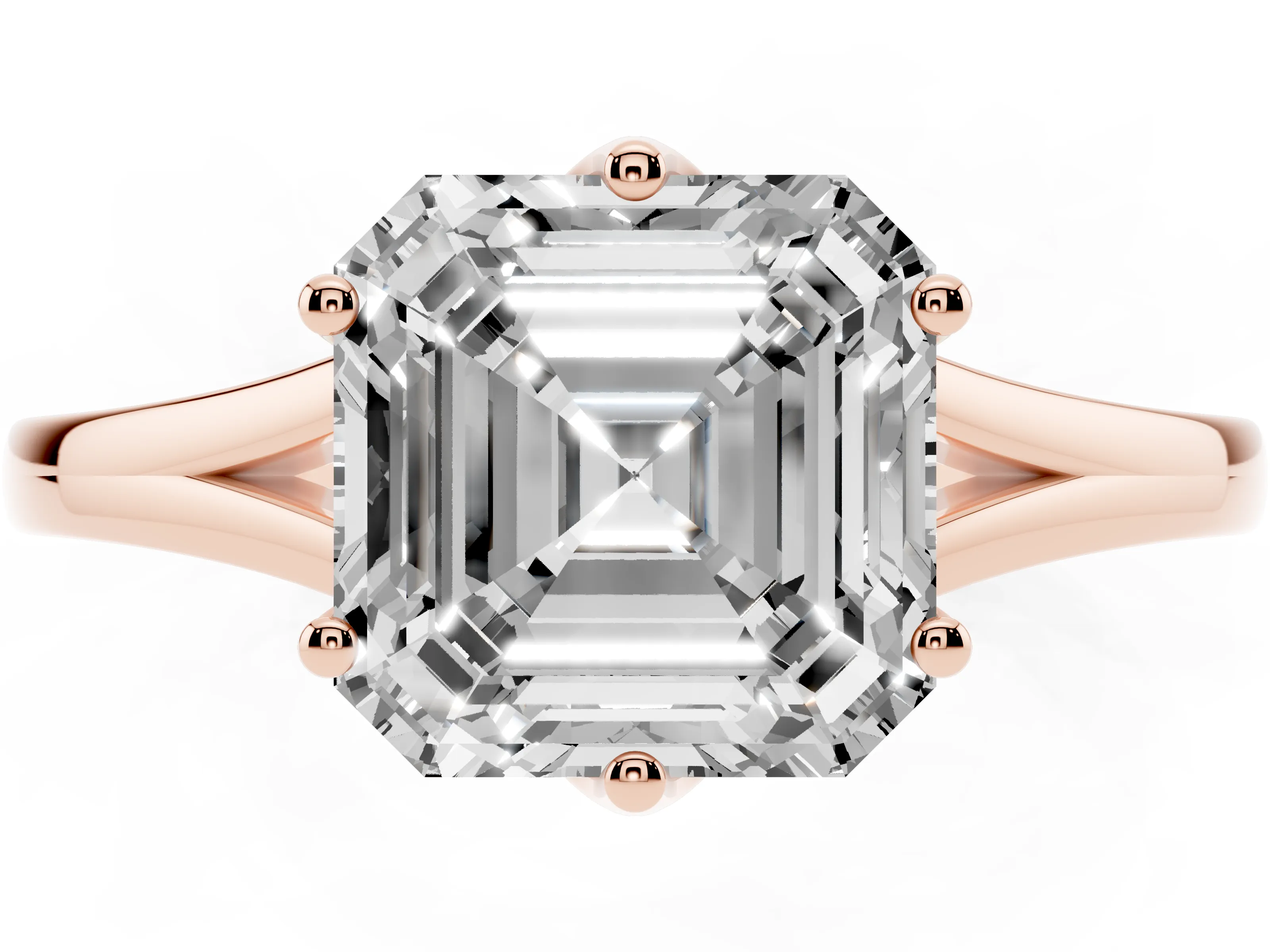Asscher Cut Diamond Solitaire Ring Set in Rose gold with Polished Tapered Band and Prong Setting
