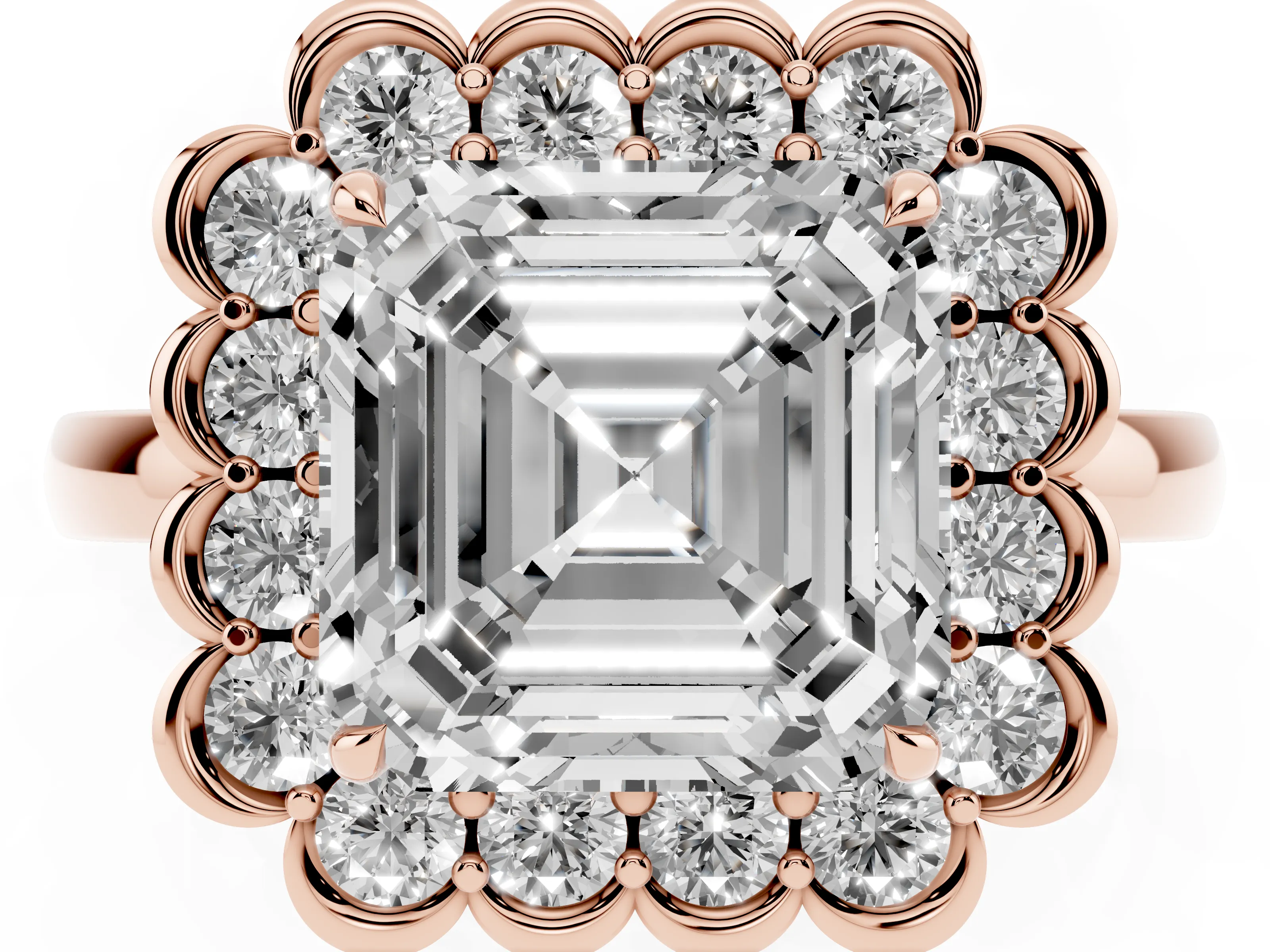 Asscher Cut Diamond Halo Cluster Engagement Ring Set in Rose gold with Solitaire Band and Prong Setting