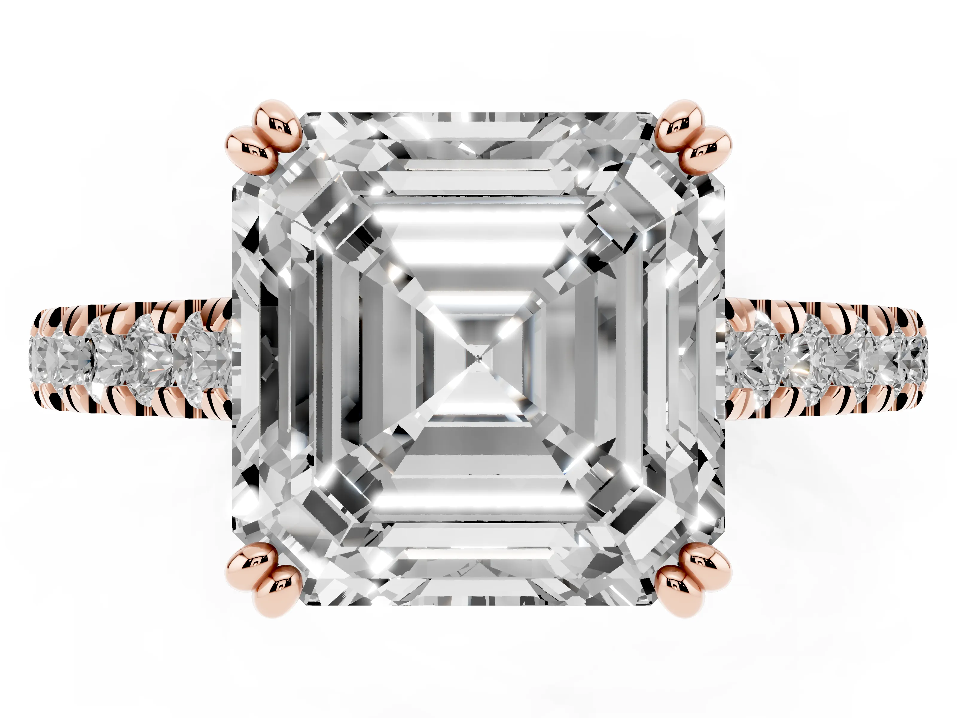 Asscher Cut Diamond Solitaire Engagement Ring Set in Rose gold with Pavé Accents and Prong Setting