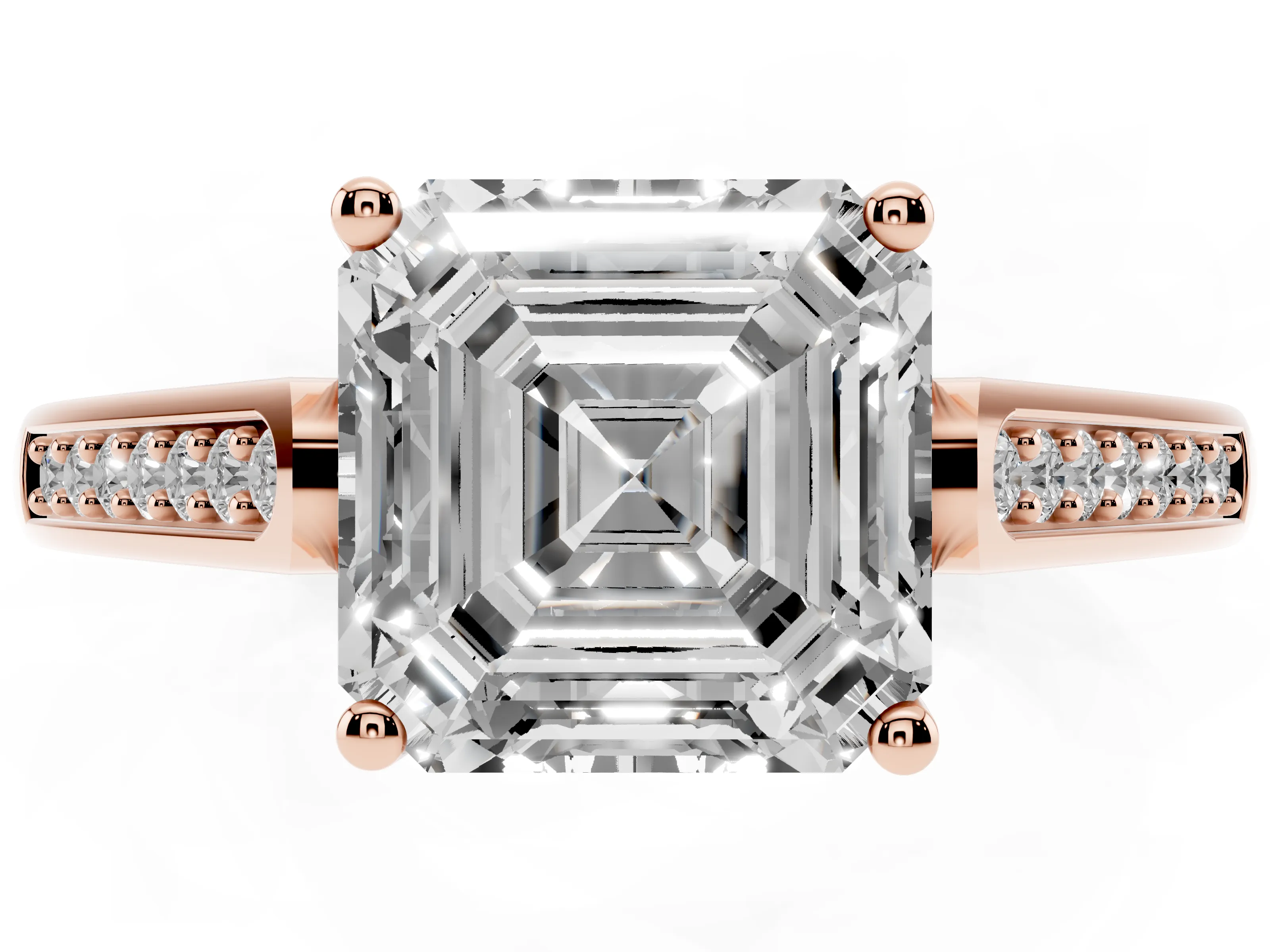 Asscher Cut Diamond Solitaire Cathedral Engagement Ring Set in Rose gold with Channel-Set Band and Prong Setting
