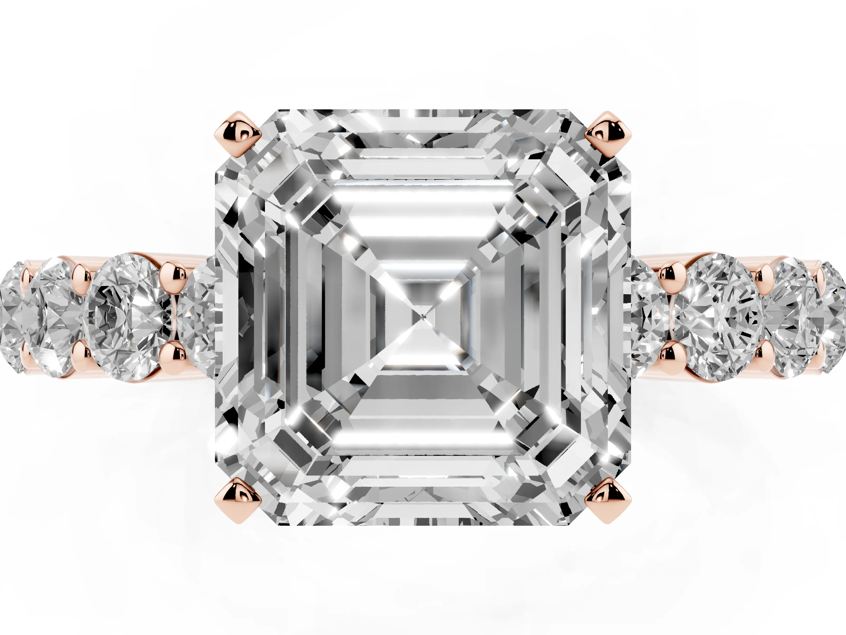 Asscher Cut Diamond Solitaire Ring Set in Rose gold with Shared Prong Round Side Stones