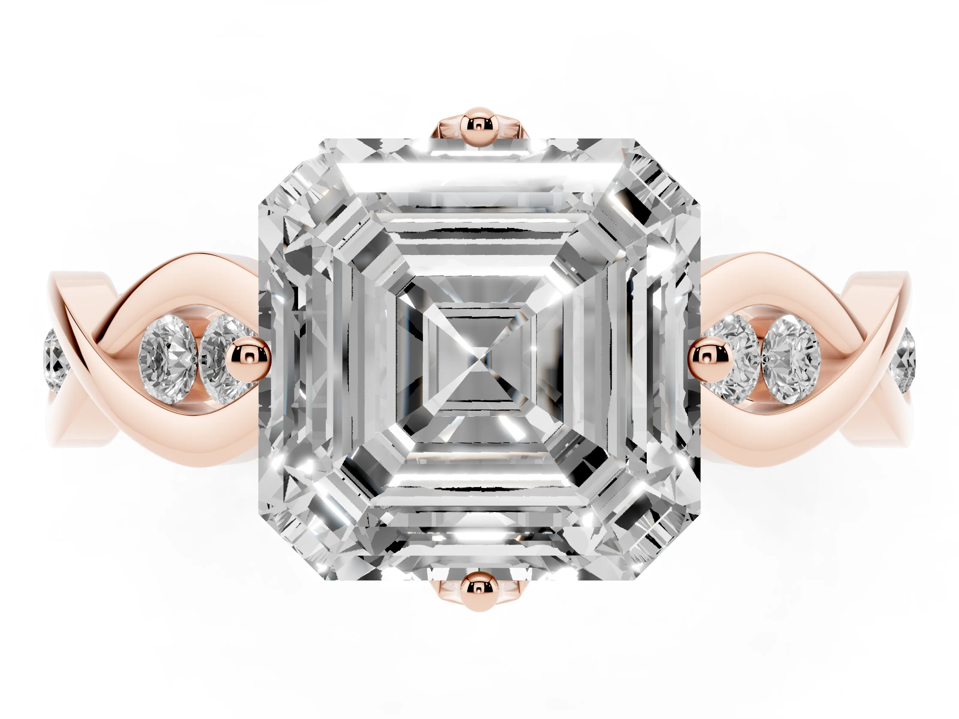 Asscher Cut Diamond Twist Band Solitaire Ring Set in Rose gold with Leaf Prong Setting and Accent Stones