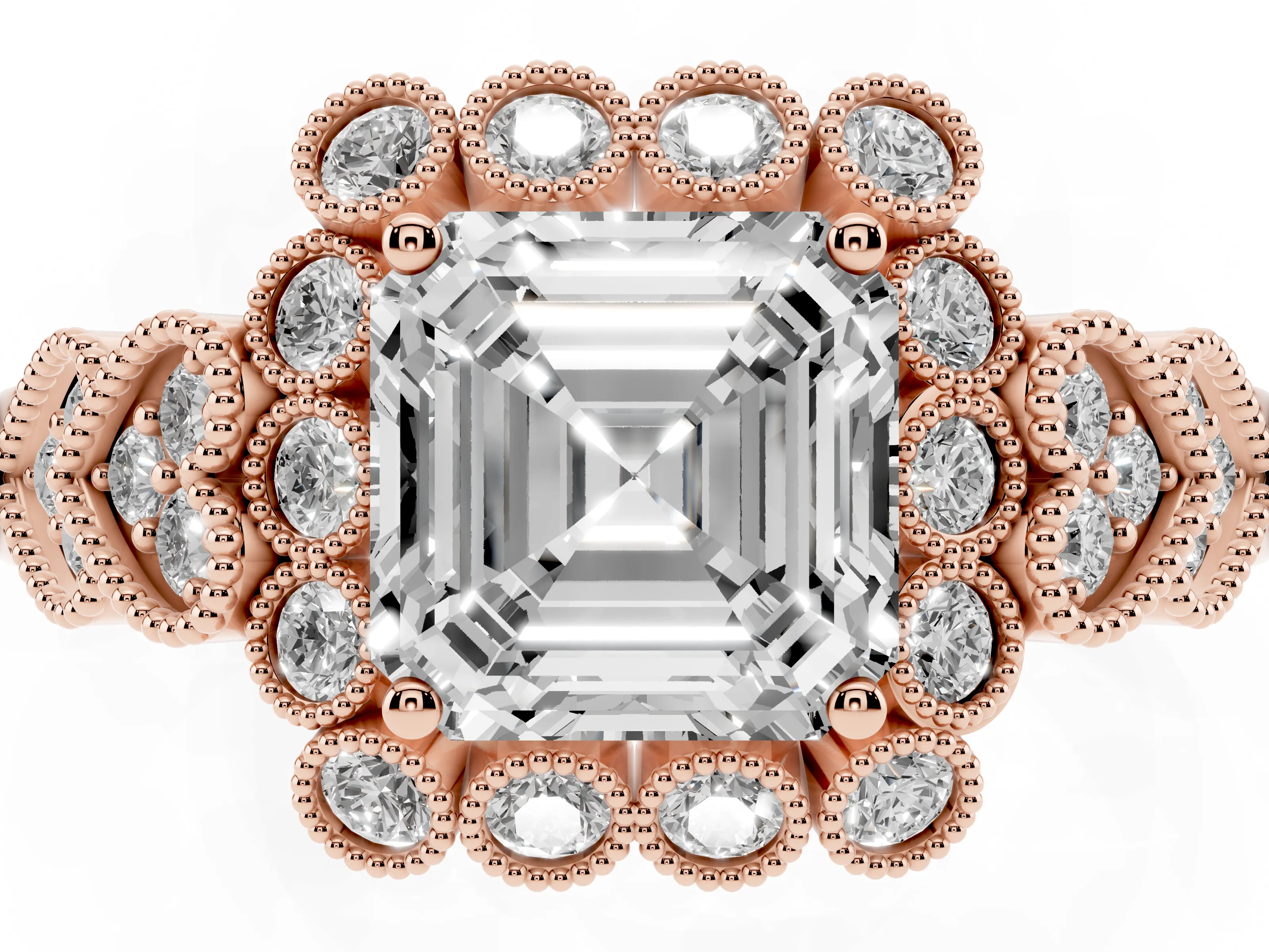 Asscher Cut Diamond Solitaire Ring Set in Rose gold with Milgrain Pavé Heart Band