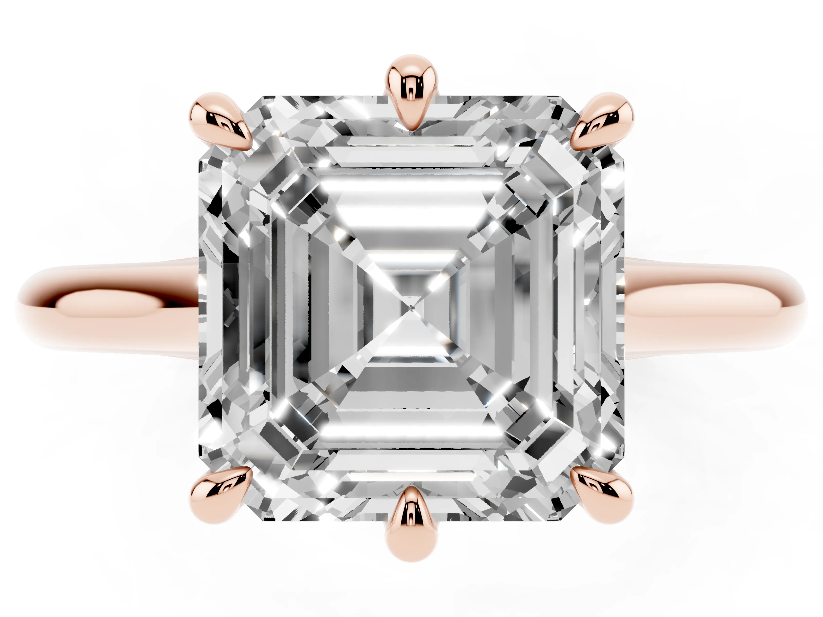 Asscher Cut Diamond Solitaire Engagement Ring Set in Rose gold with Prong Setting and Plain Classic Band