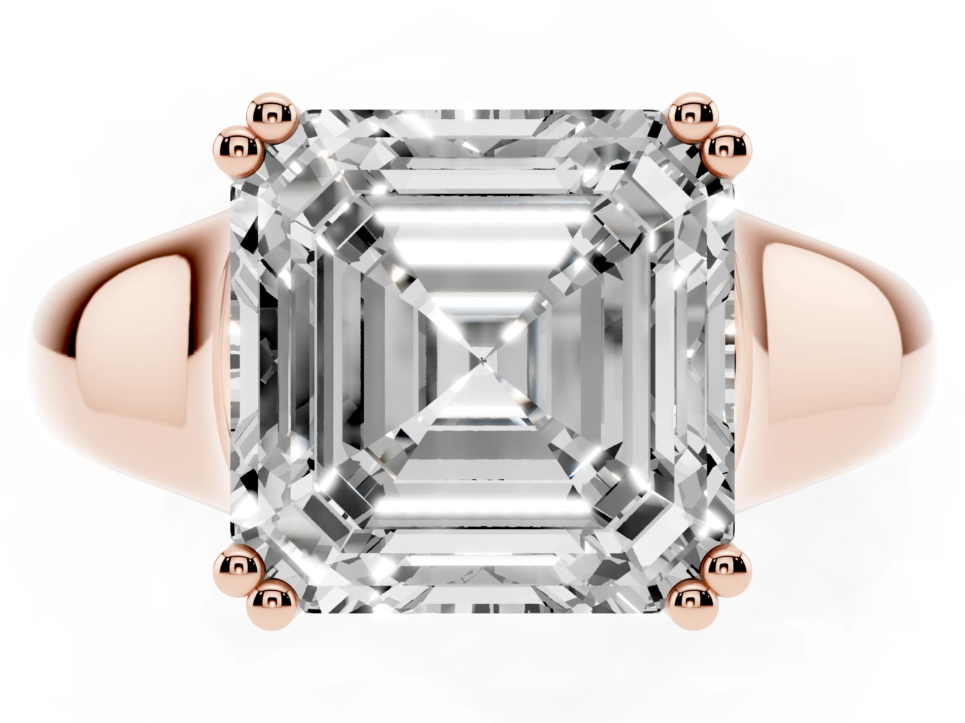 Asscher Cut Diamond Solitaire Ring Set in Rose gold with Wide Band and Prong Setting