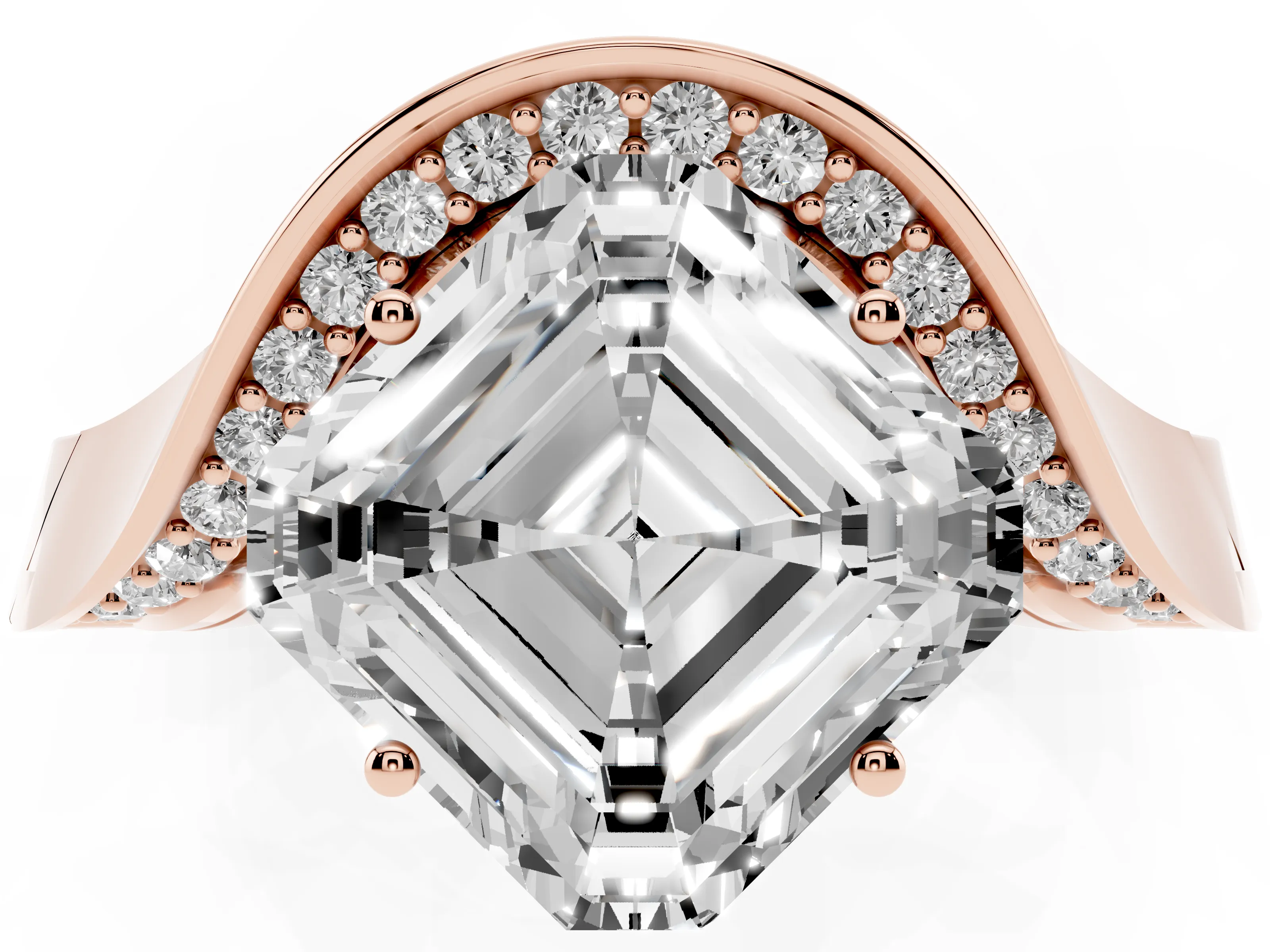 Asscher Cut Diamond Solitaire Engagement Ring Set in Rose gold with Pavé Shoulders