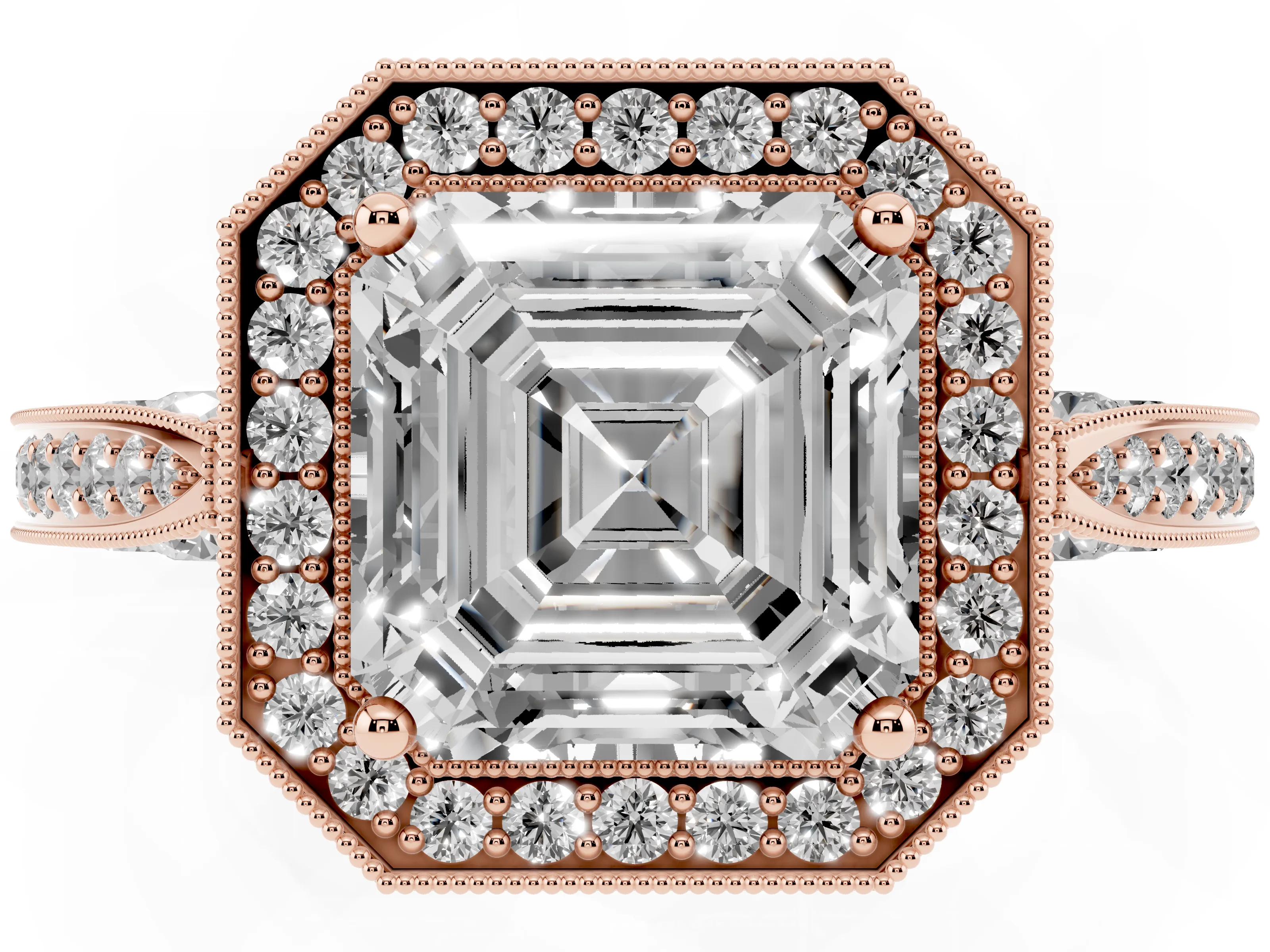 Asscher Cut Diamond Halo Engagement Ring Set in Rose gold with Accent Split Shank Band