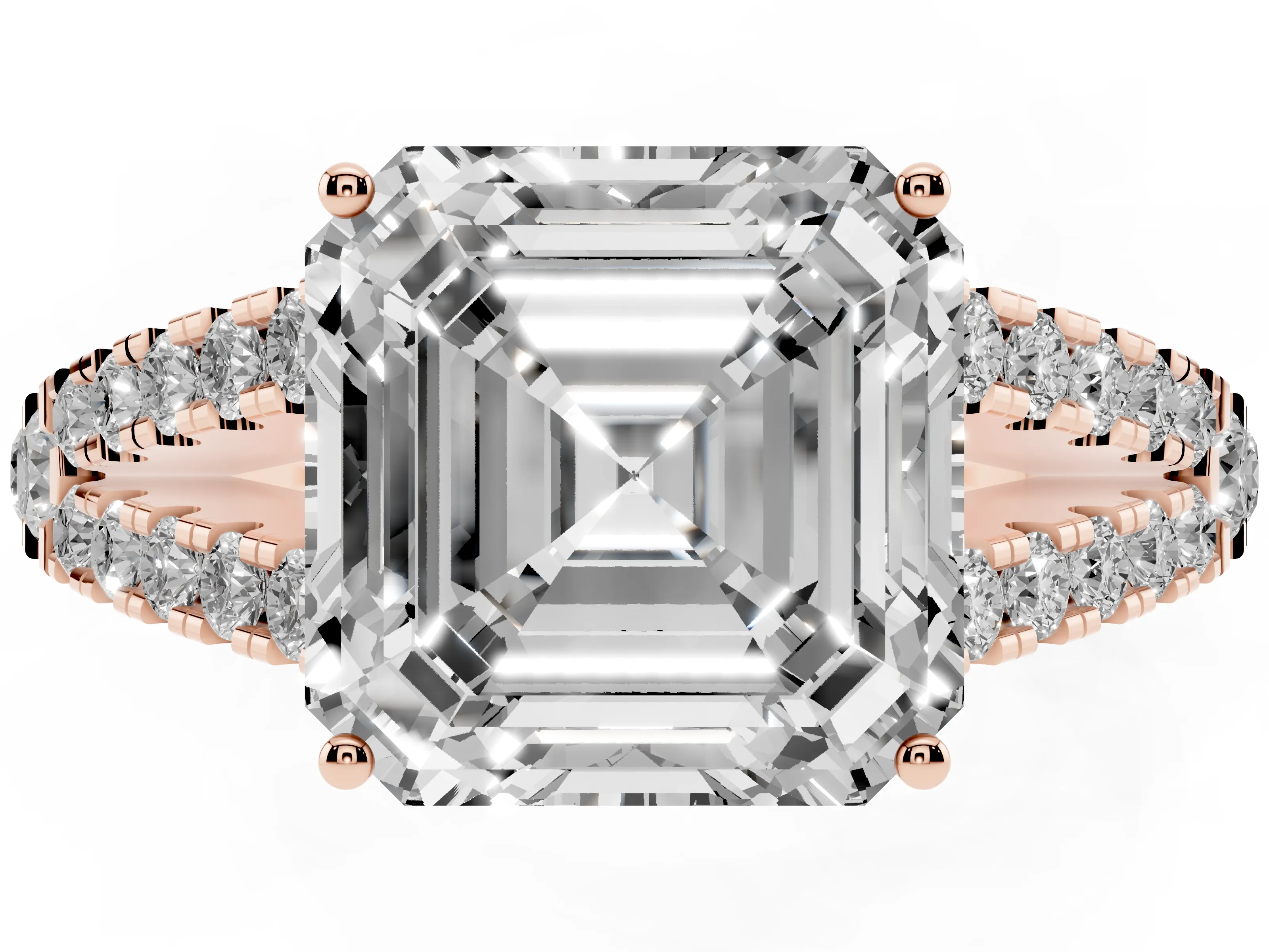 Asscher Cut Diamond Split Shank Pavé Engagement Ring Set in Rose gold with Prong-Held Center Stone
