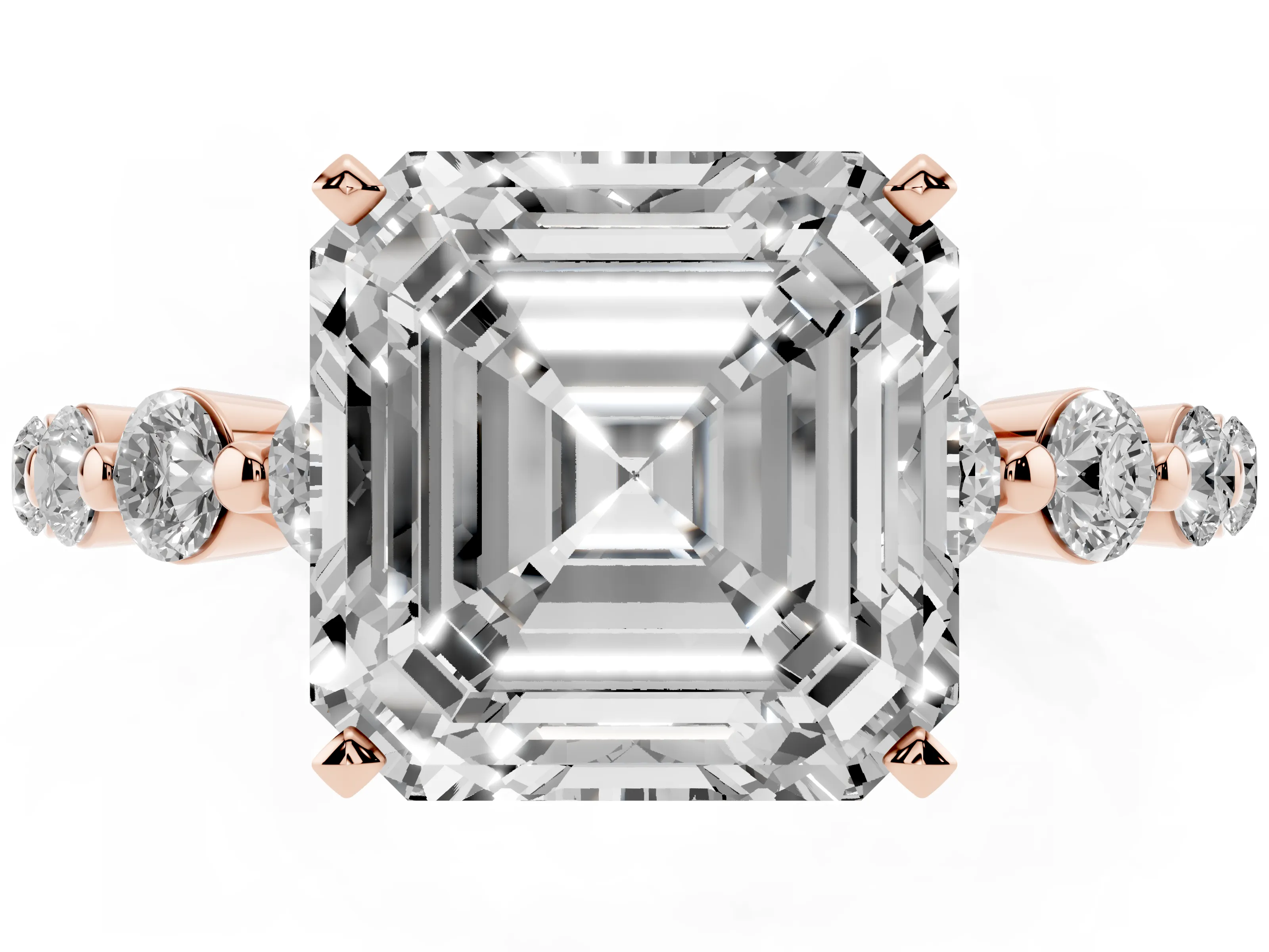 Asscher Cut Diamond Solitaire Ring Set in Rose gold with Pavé Band and Prong Setting