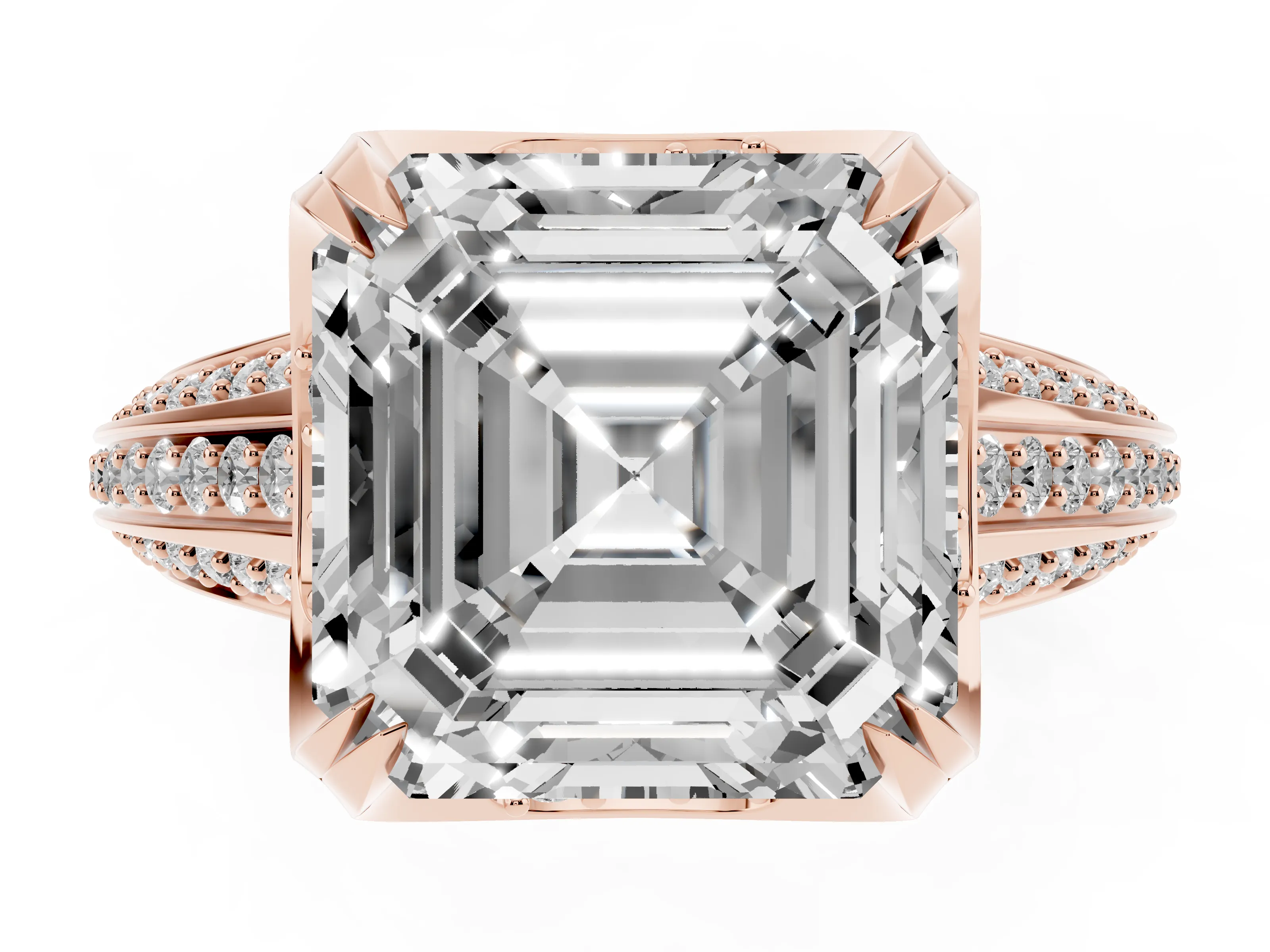 Asscher Cut Diamond Pavé Split Shank Solitaire Ring Set in Rose gold with Prong Setting