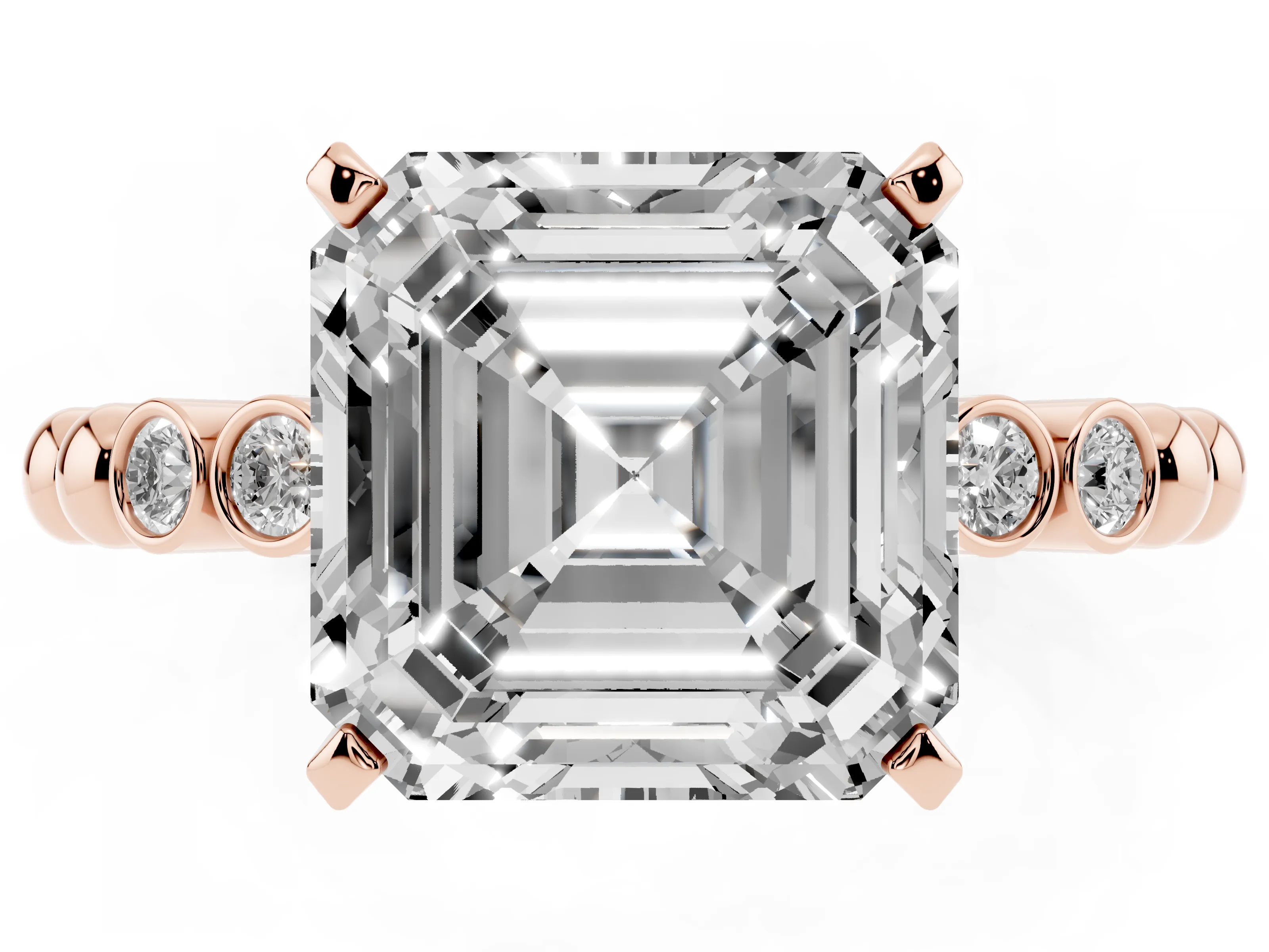 Asscher Cut Diamond Solitaire Engagement Ring Set in Rose gold with Bezel Accents on Beaded Band