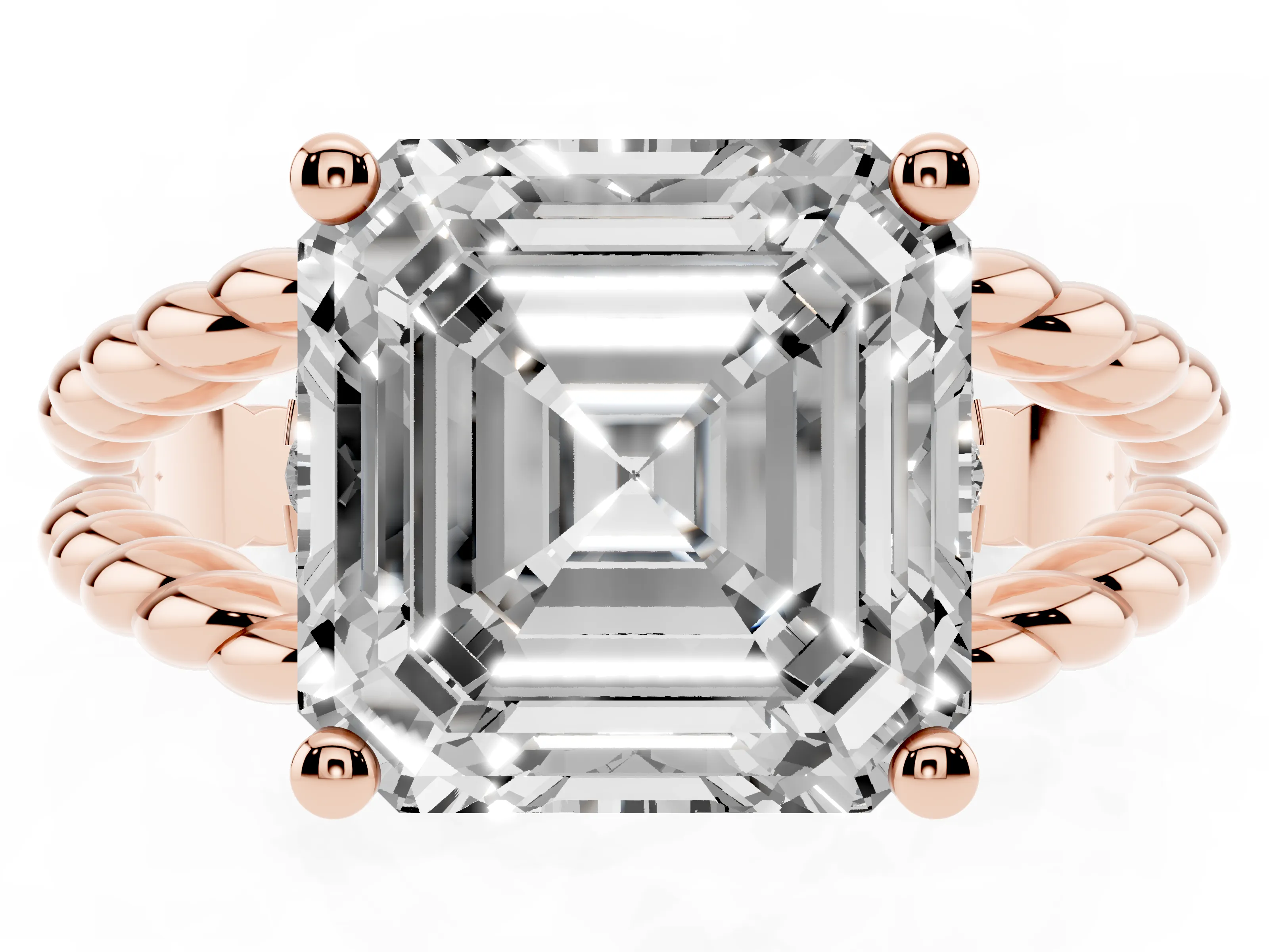 Asscher Cut Diamond Halo Ring Set in Rose gold with Twisted Band and Prong Setting