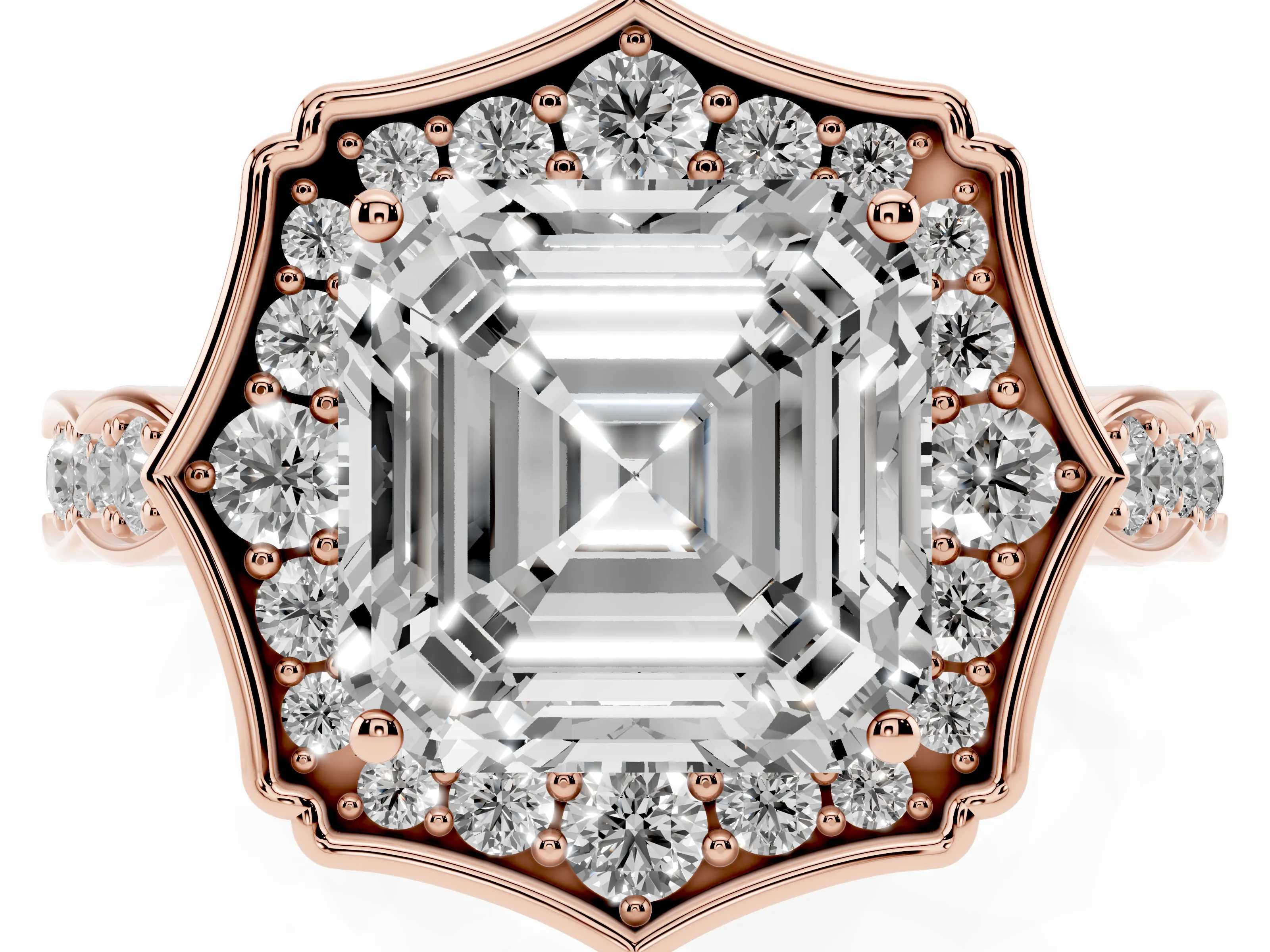 Asscher Cut Diamond Halo Engagement Ring Set in Rose gold with Milgrain Band and Prong Setting