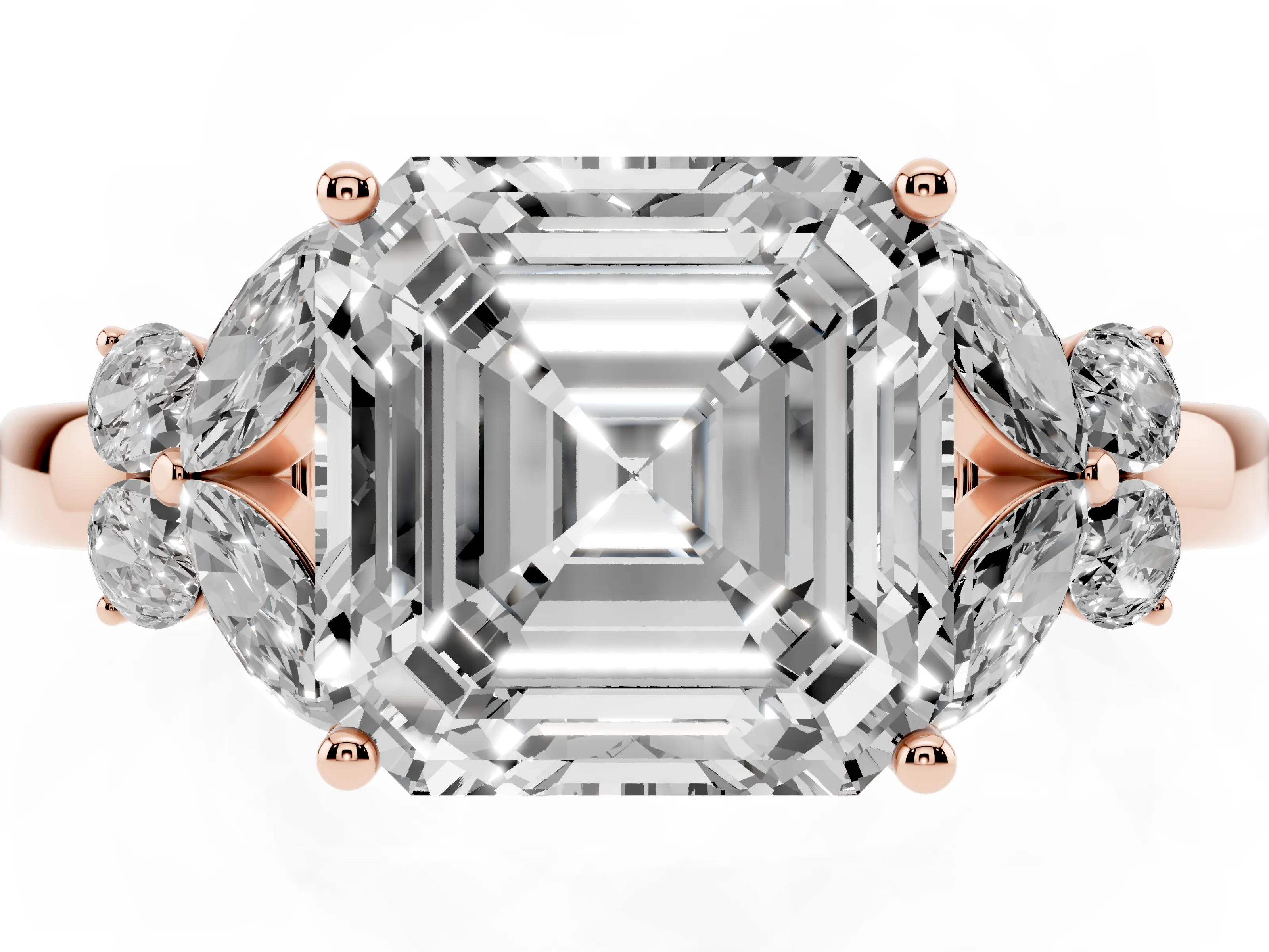 Asscher Cut Diamond Solitaire Floral Ring Set in Rose gold with Marquise Petals and Prong Setting