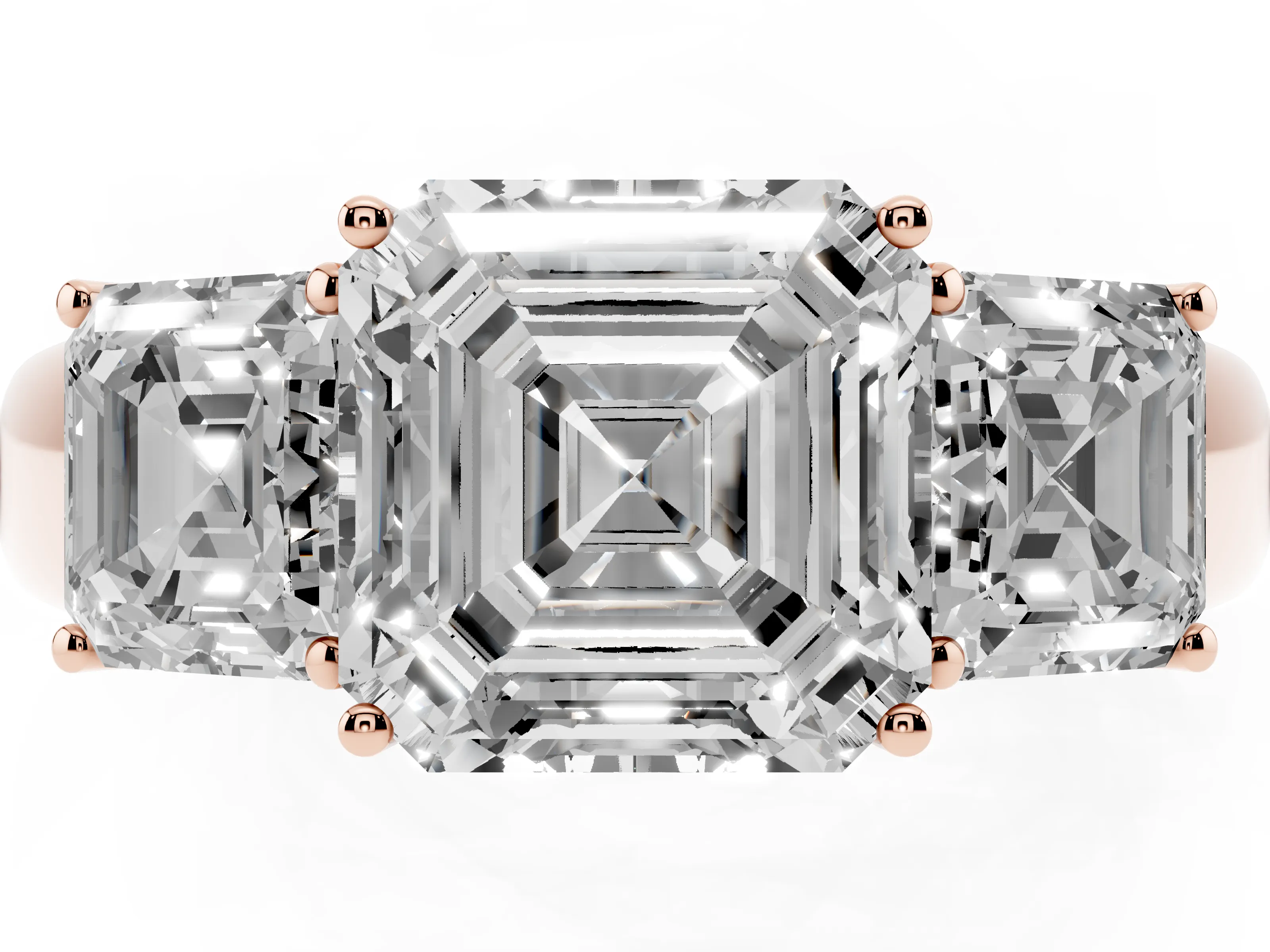 Three-Stone Asscher Cut Diamond Ring Set in Rose gold with Matching Prong Settings and Plain Band