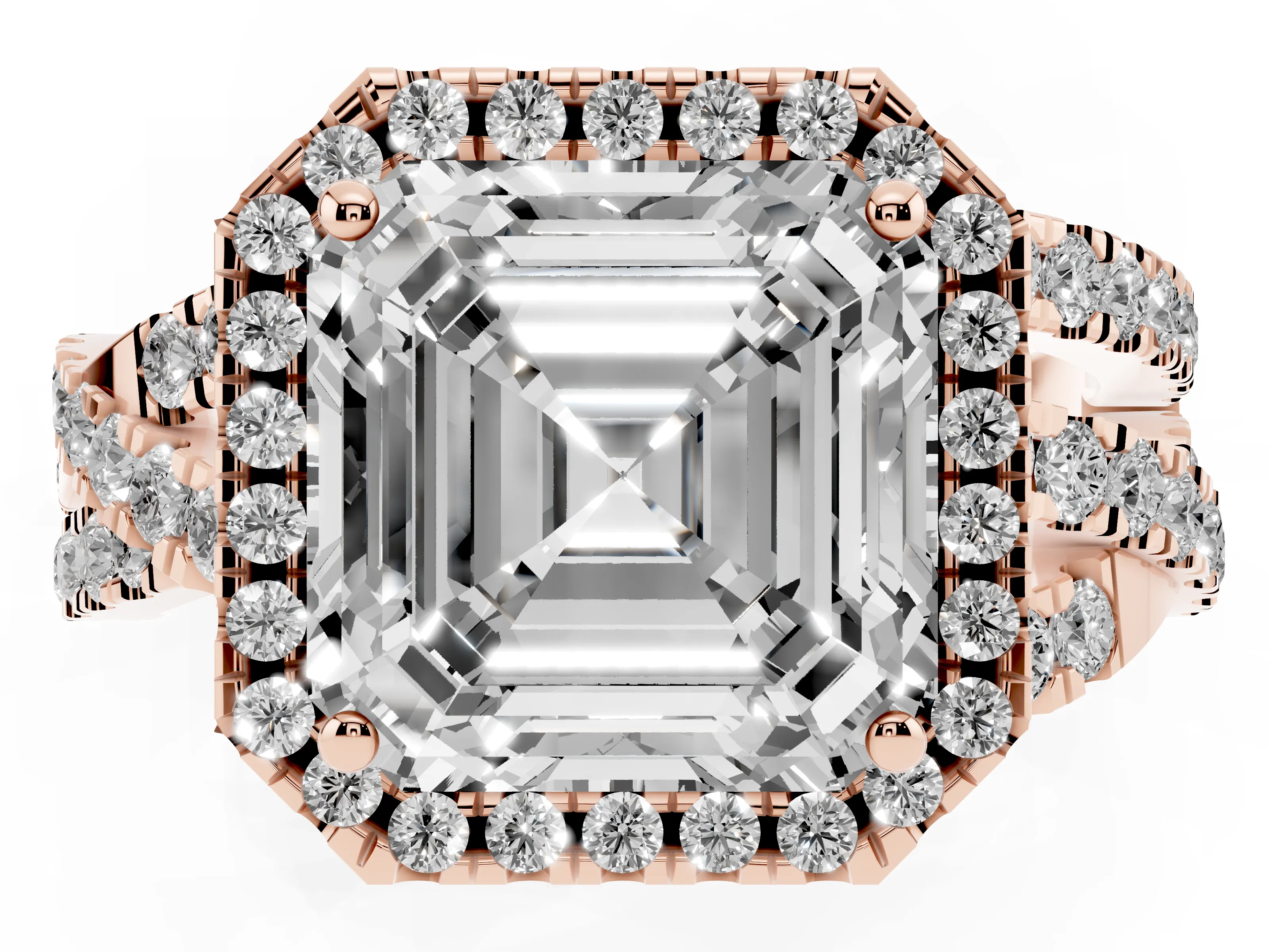Asscher Cut Diamond Halo Ring Set in Rose gold with Round Crossover Split Shank and Prong Setting