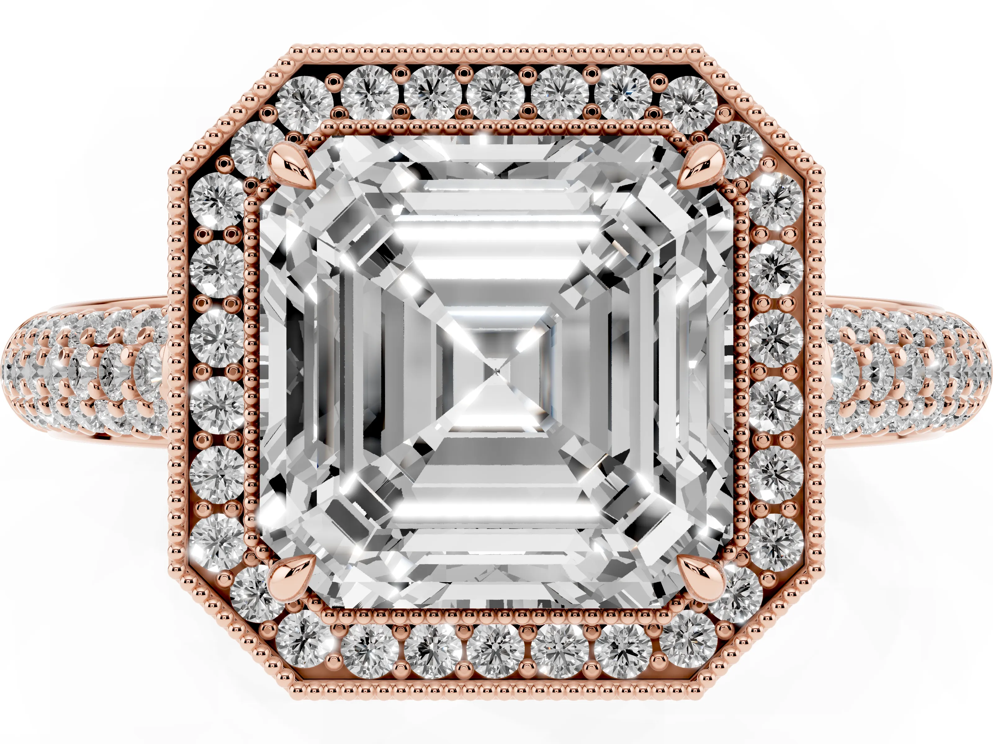 Asscher Cut Diamond Halo Pavé Band Set in Rose gold with Prong Setting