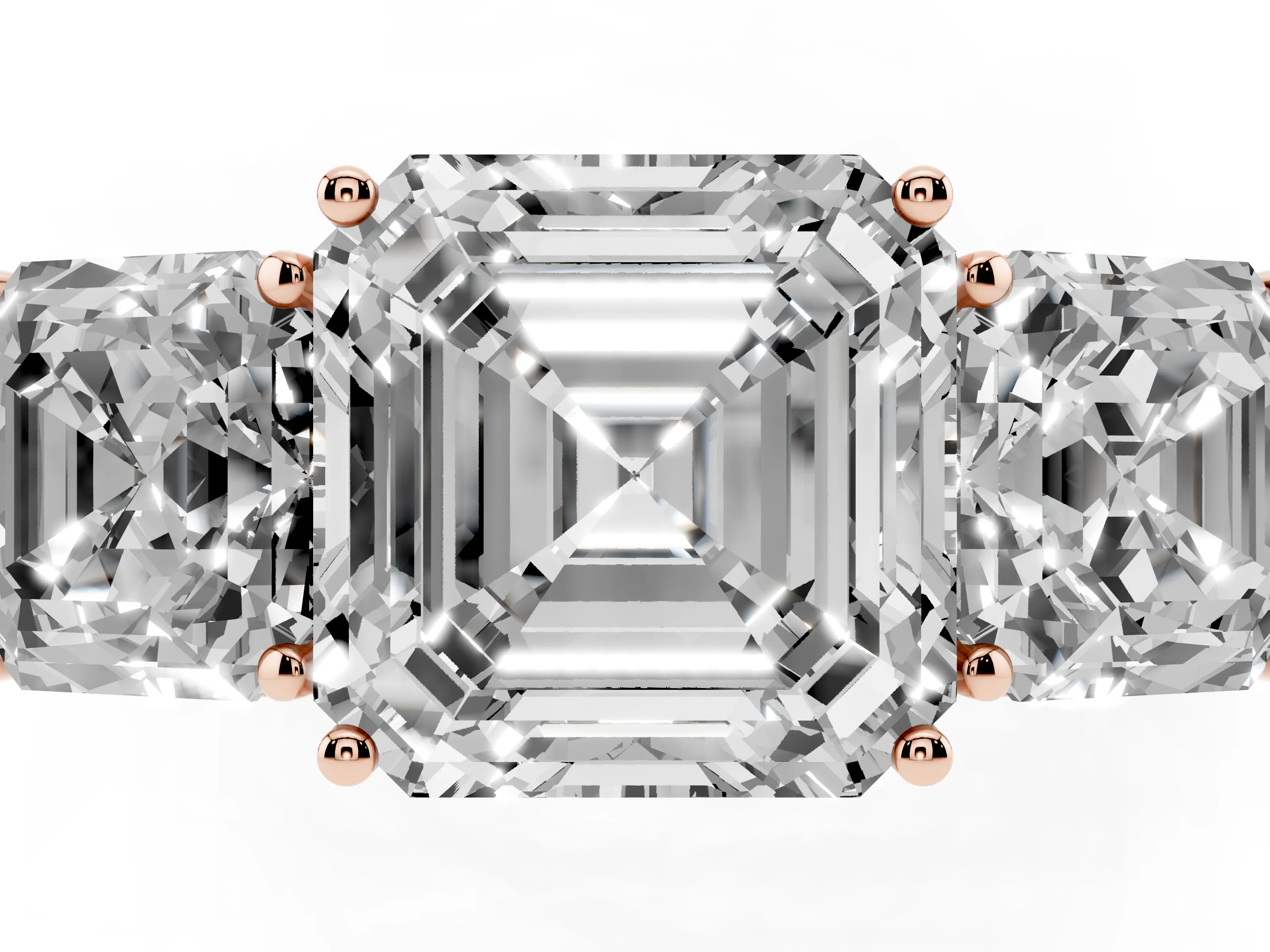 Asscher Cut Diamond Three-Stone Ring Set in Rose gold with Textured Band