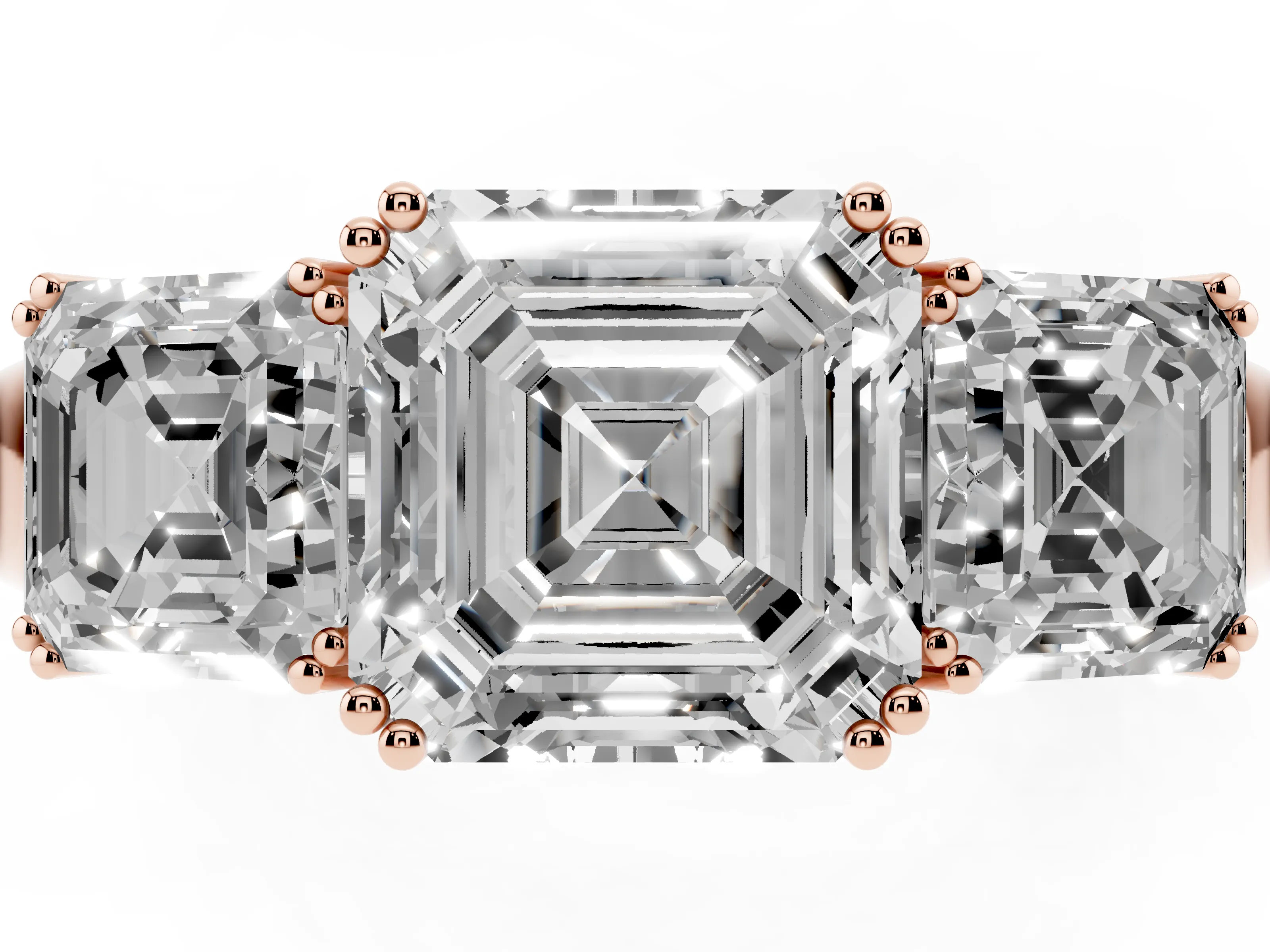 Asscher Cut Diamond Three-Stone Ring Set in Rose gold with Polished Band and Prong Setting