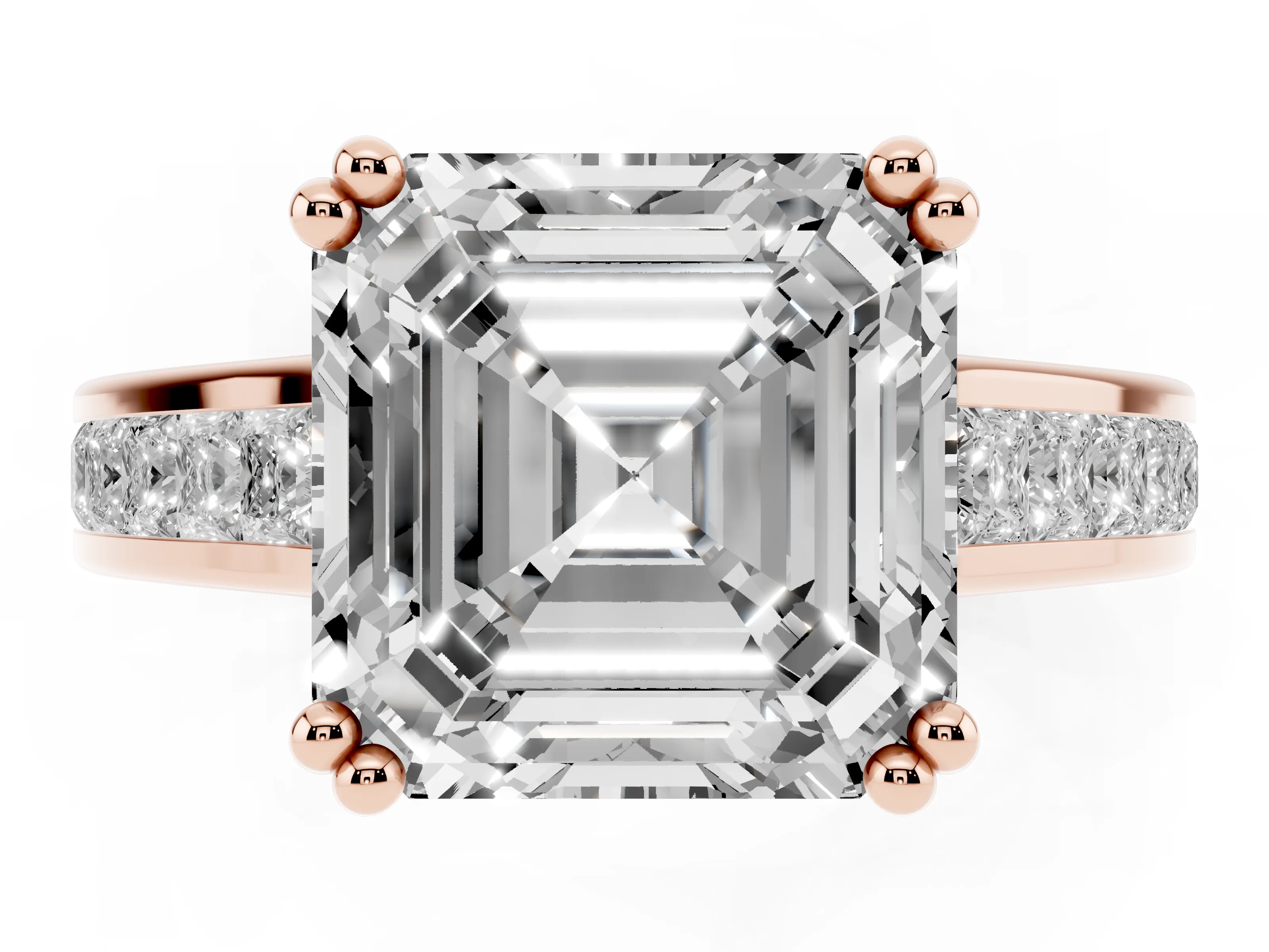 Asscher Cut Diamond Channel Set Solitaire Engagement Ring Set in Rose gold with Prong Setting