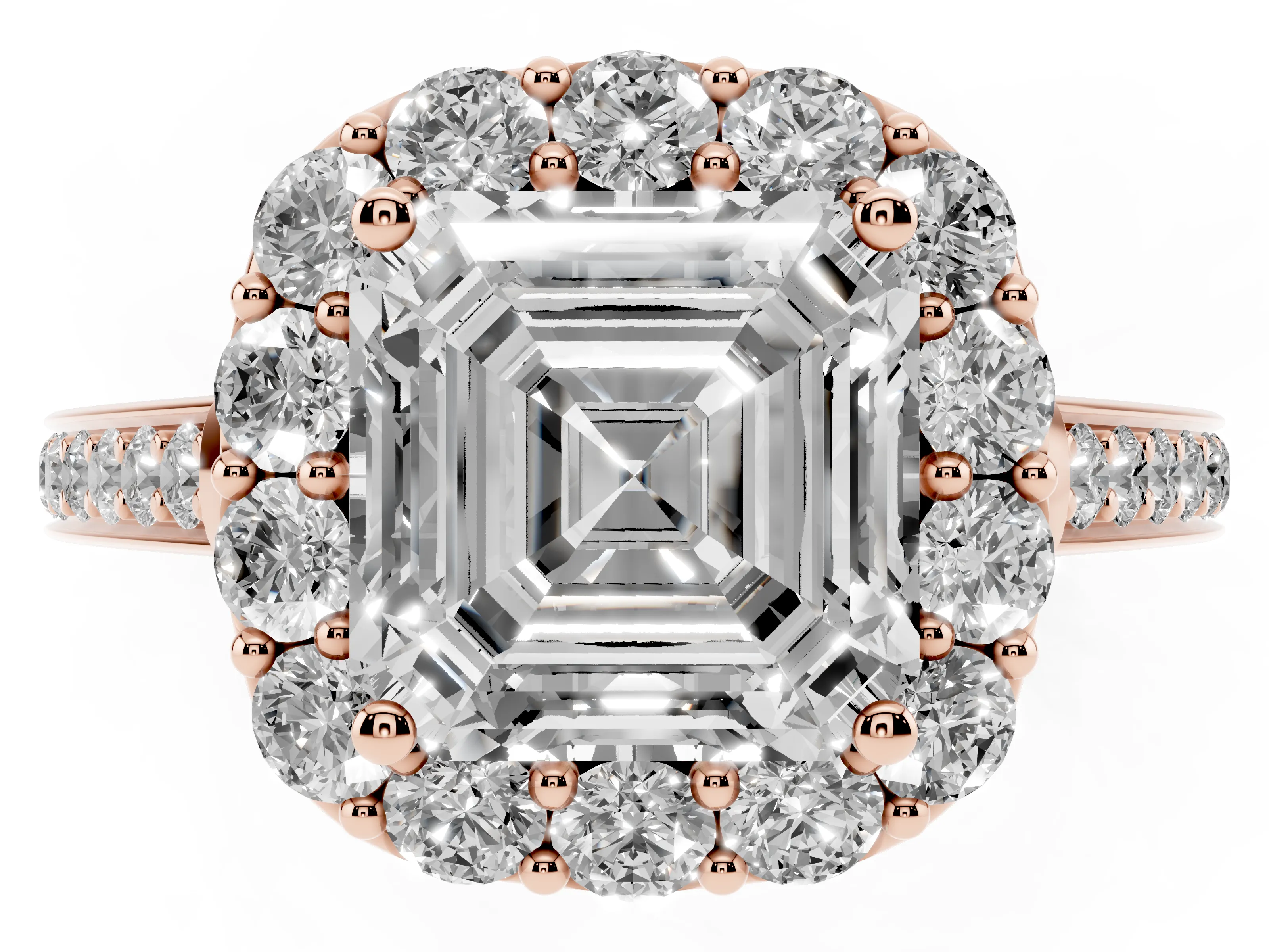 Asscher Cut Diamond Floral Halo Ring Set in Rose gold with Pavé Band and Prong Setting