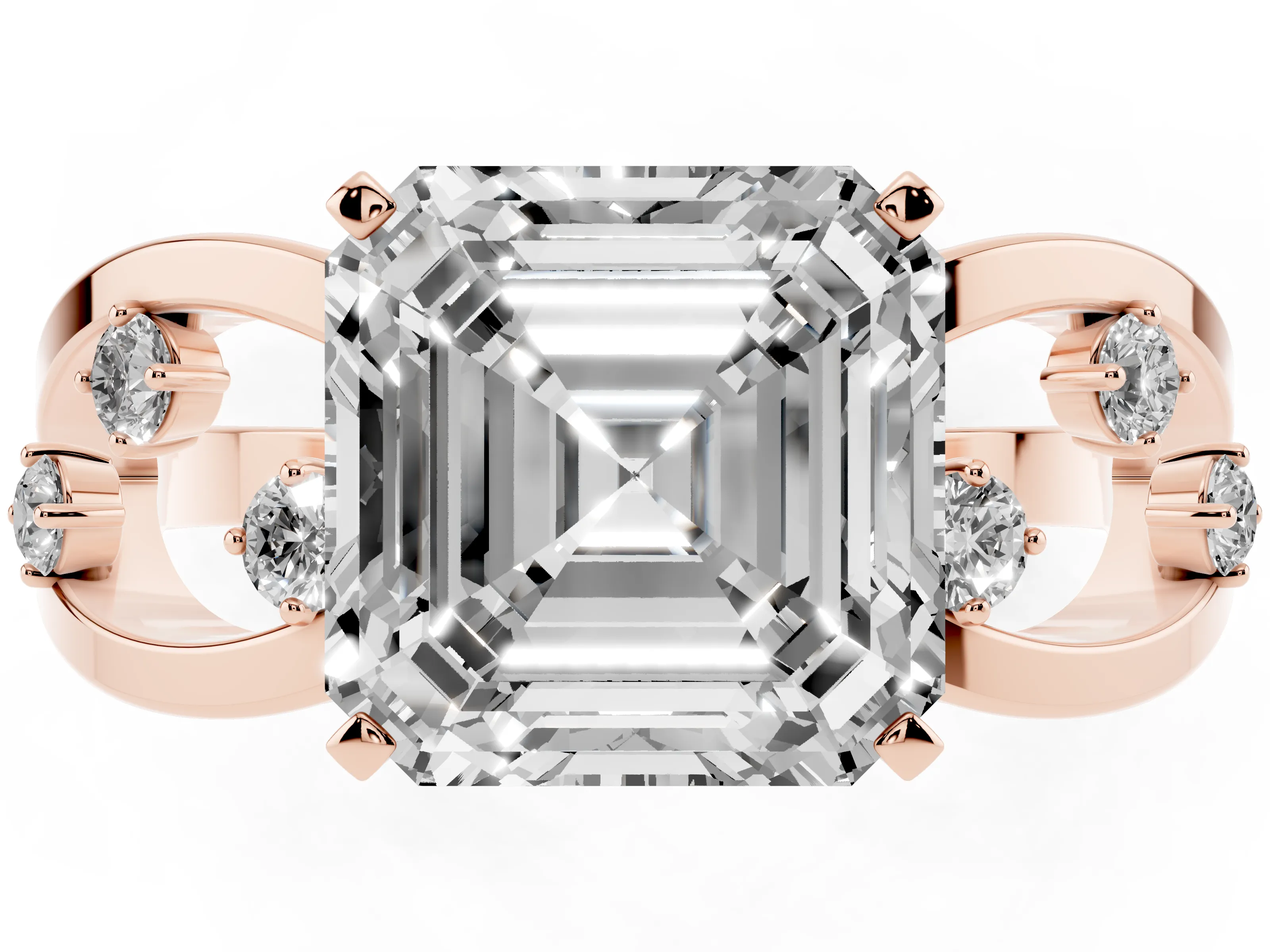 Asscher Cut Diamond Solitaire Ring Set in Rose gold with Side Stones on Criss-Cross Band and Prong Setting