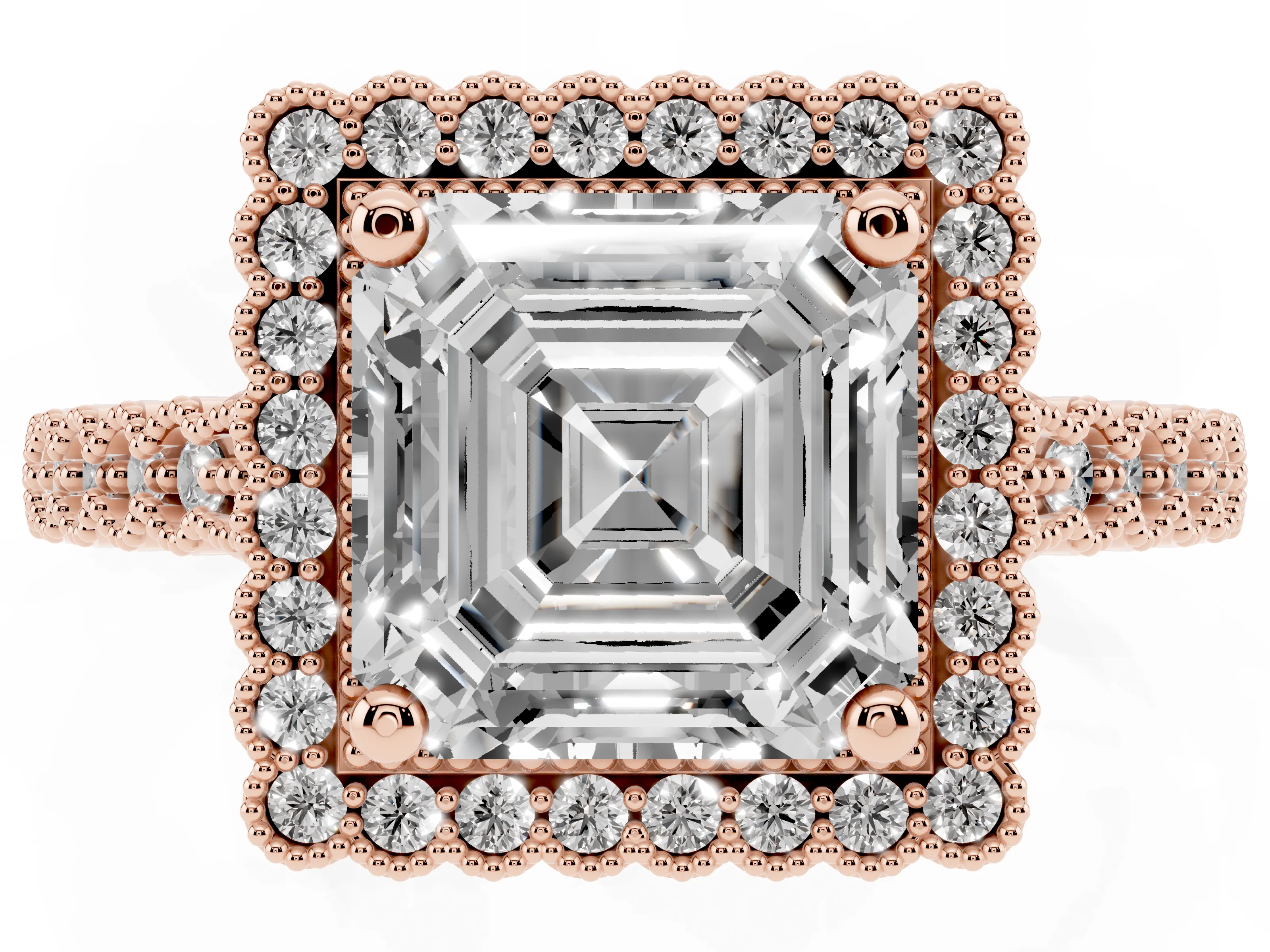 Asscher Cut Diamond Halo Ring Set in Rose gold with Pavé Milgrain Band