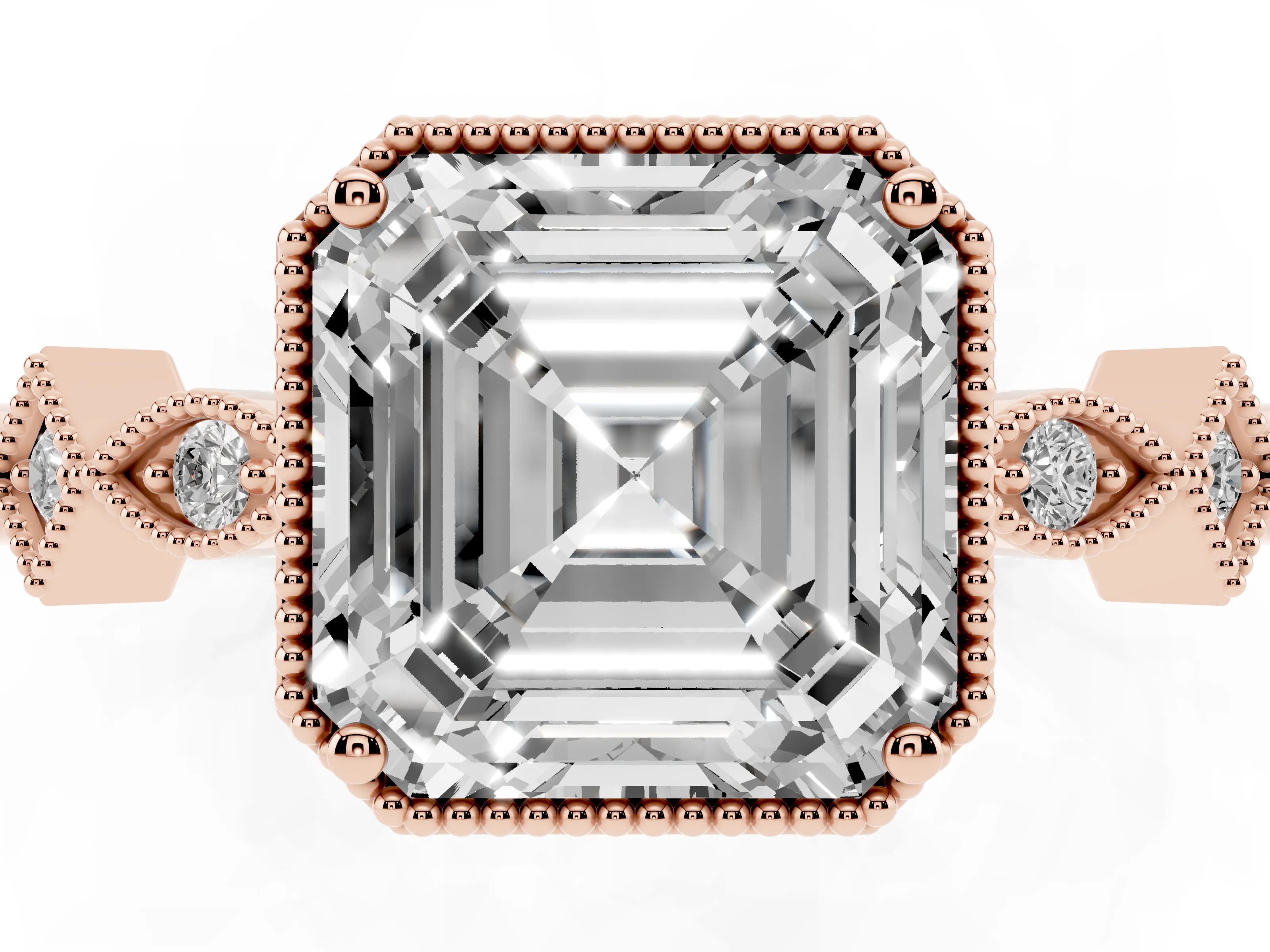 Asscher Cut Diamond Milgrain Marquise Twist Band Ring Set in Rose gold with Prong Setting