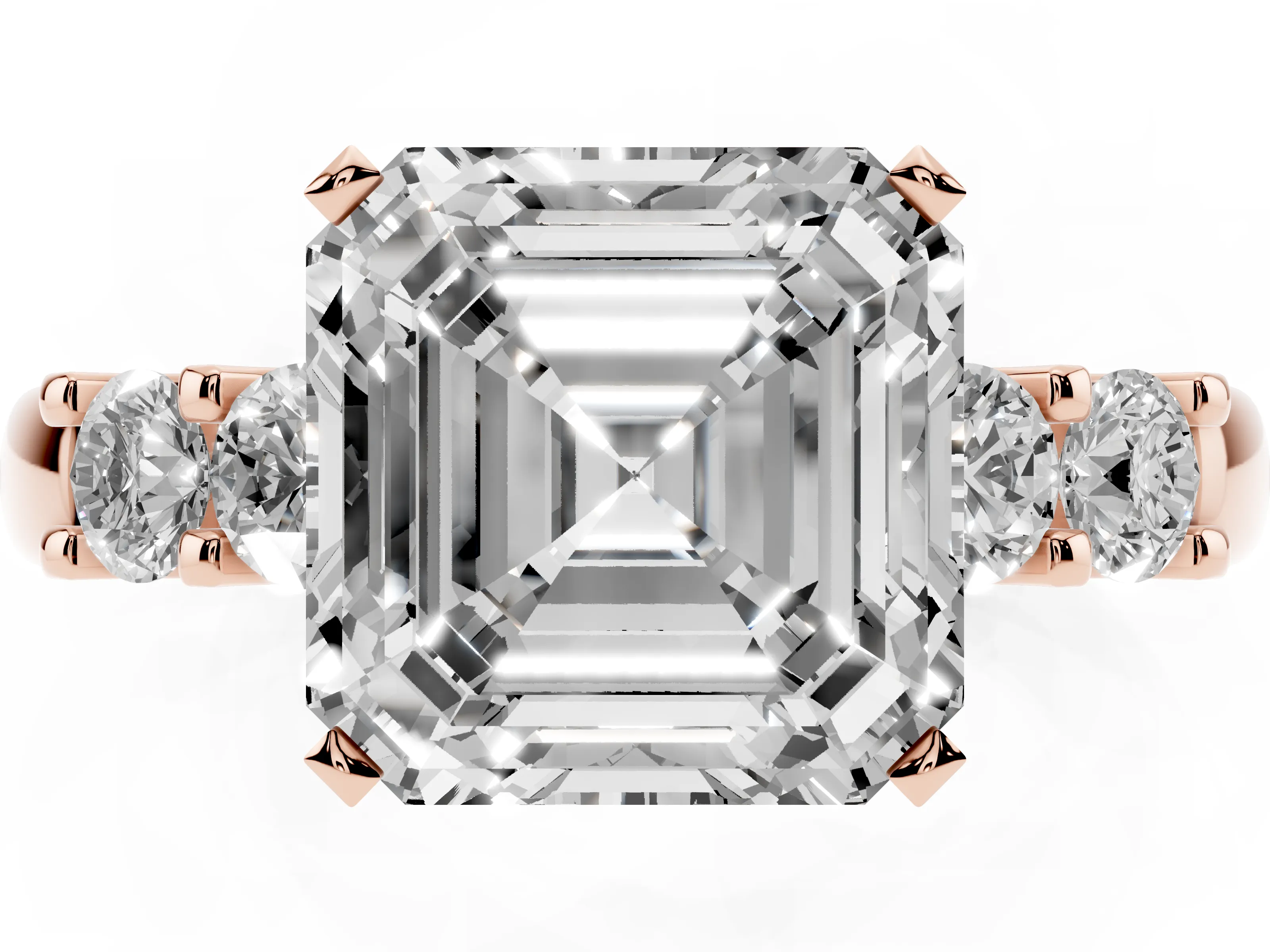 Asscher Cut Diamond Five-Stone Prong Set Engagement Ring Set in Rose gold with Channel Band