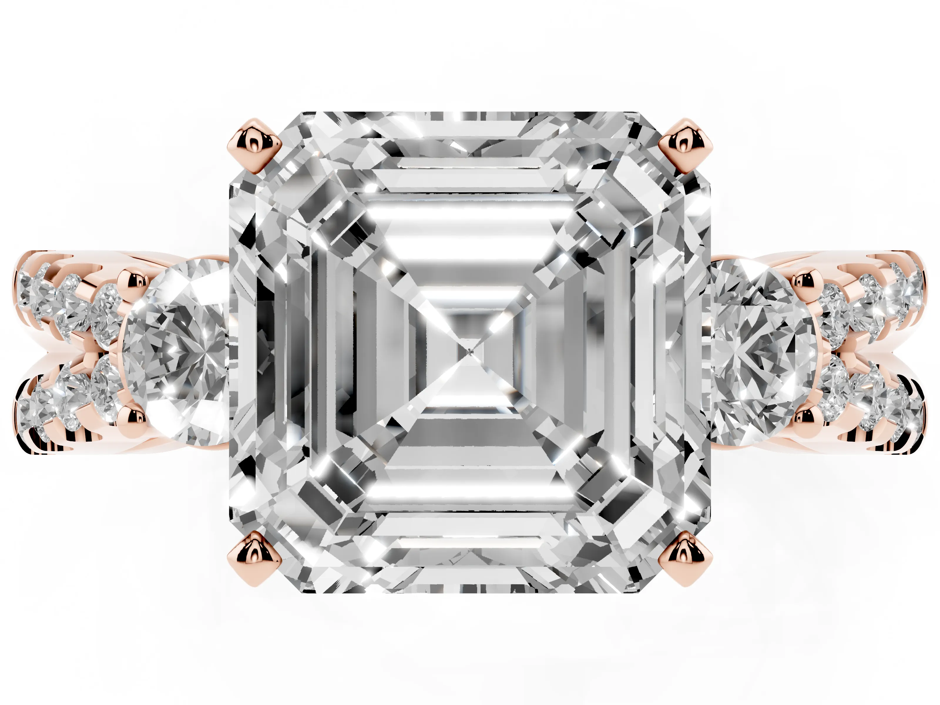 Asscher Cut Diamond Three-Stone Ring Set in Rose gold with Pavé Split Shank and Prong Setting