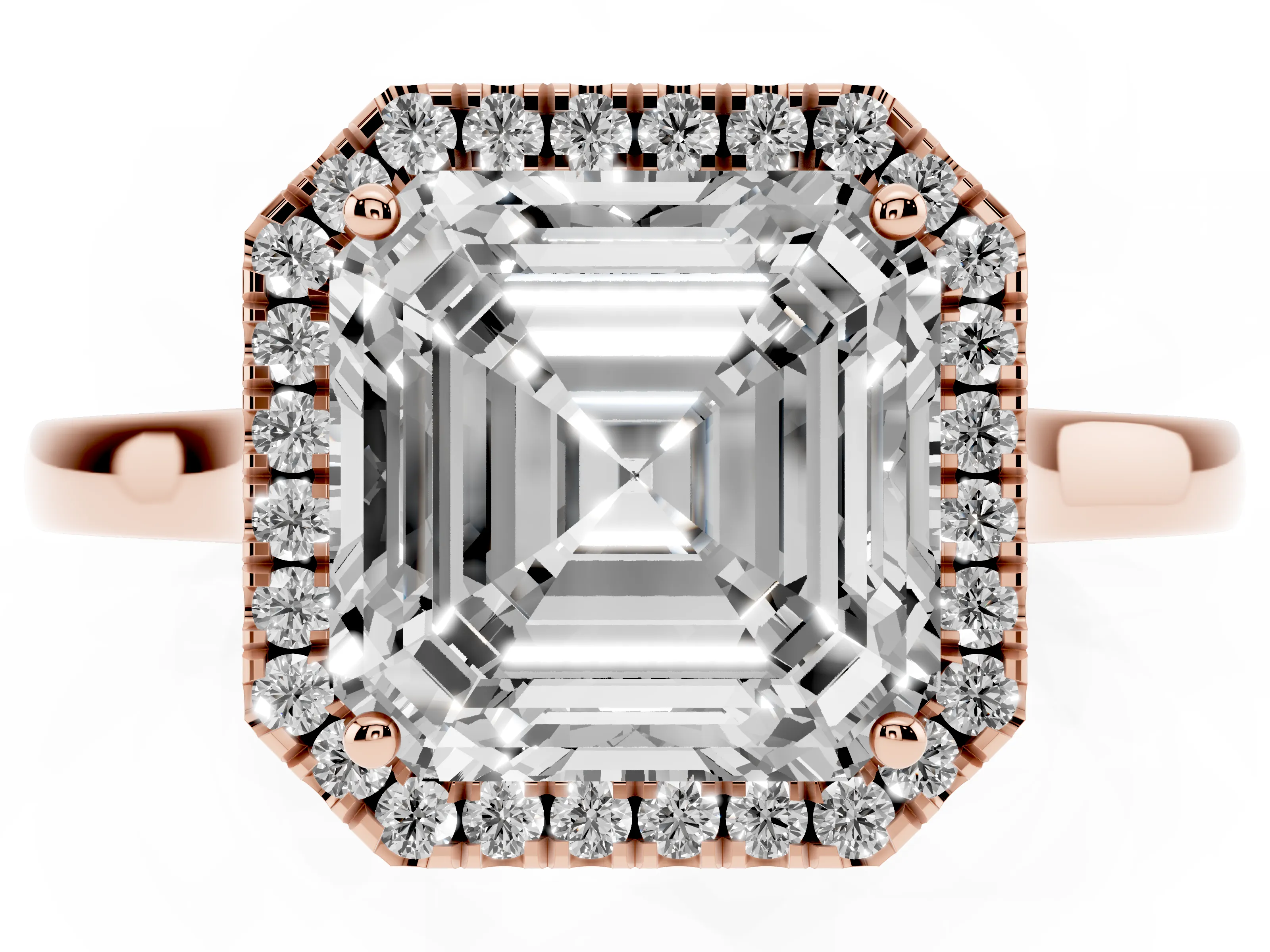 Asscher Cut Halo Round Diamond Solitaire Ring Set in Rose gold with Pavé Band and Prong Setting