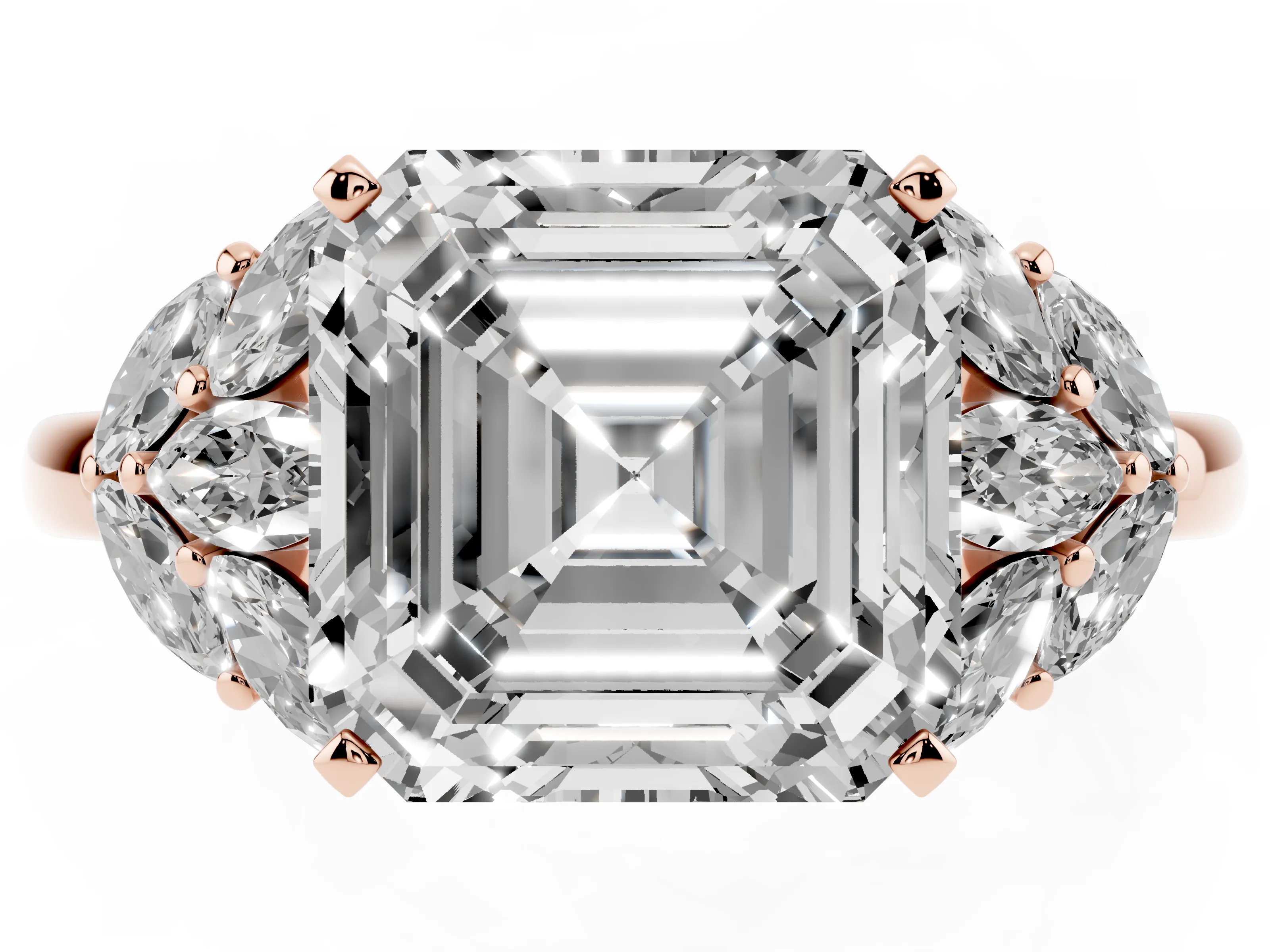 Asscher Cut Diamond Cluster Leaf Design Ring Set in Rose gold with Prong Setting