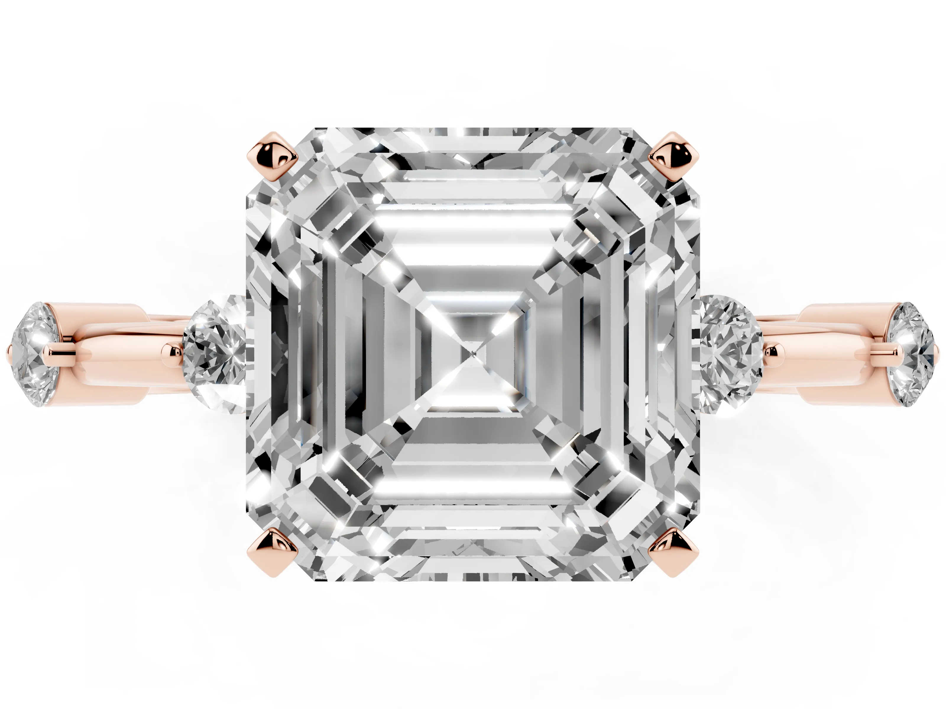 Asscher Cut Diamond Solitaire Ring Set in Rose gold with Bezel Set Side Stones and Prong Setting