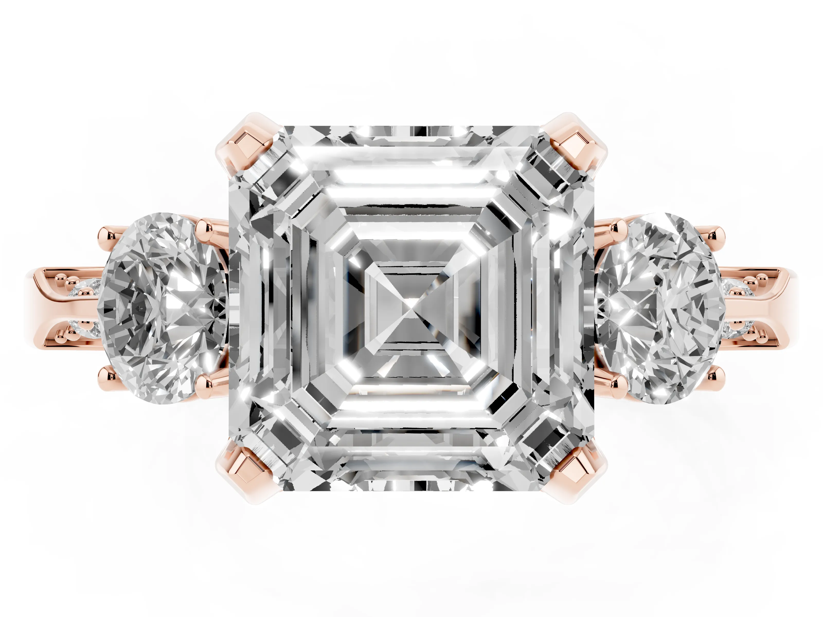 Asscher Cut Diamond Three-Stone Ring Set in Rose gold with Pavé Band and Smaller Side Stones