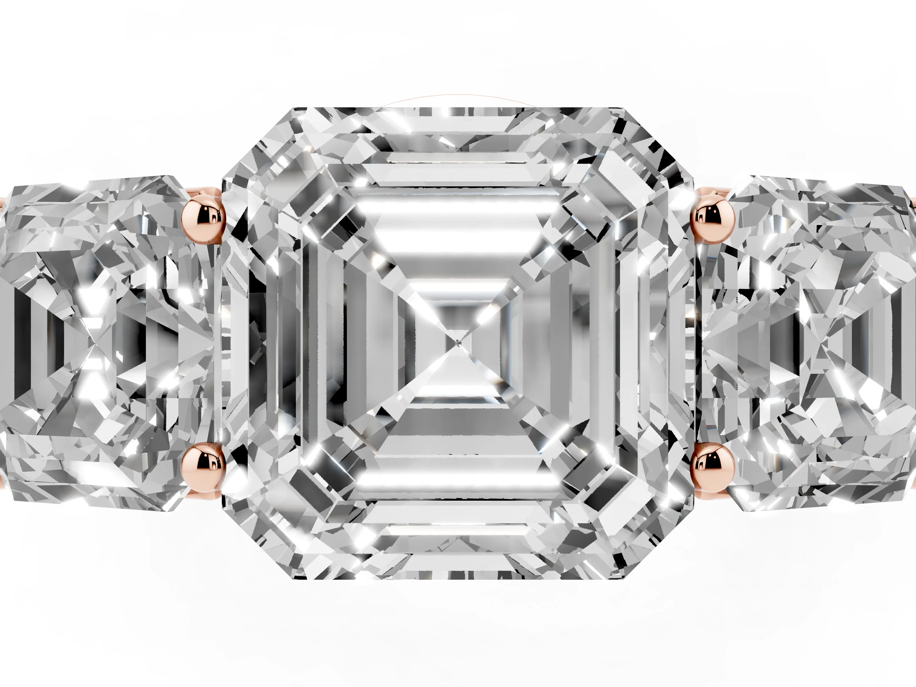 Asscher Cut Diamond Three-Stone Ring Set in Rose gold with Plain Polished Band
