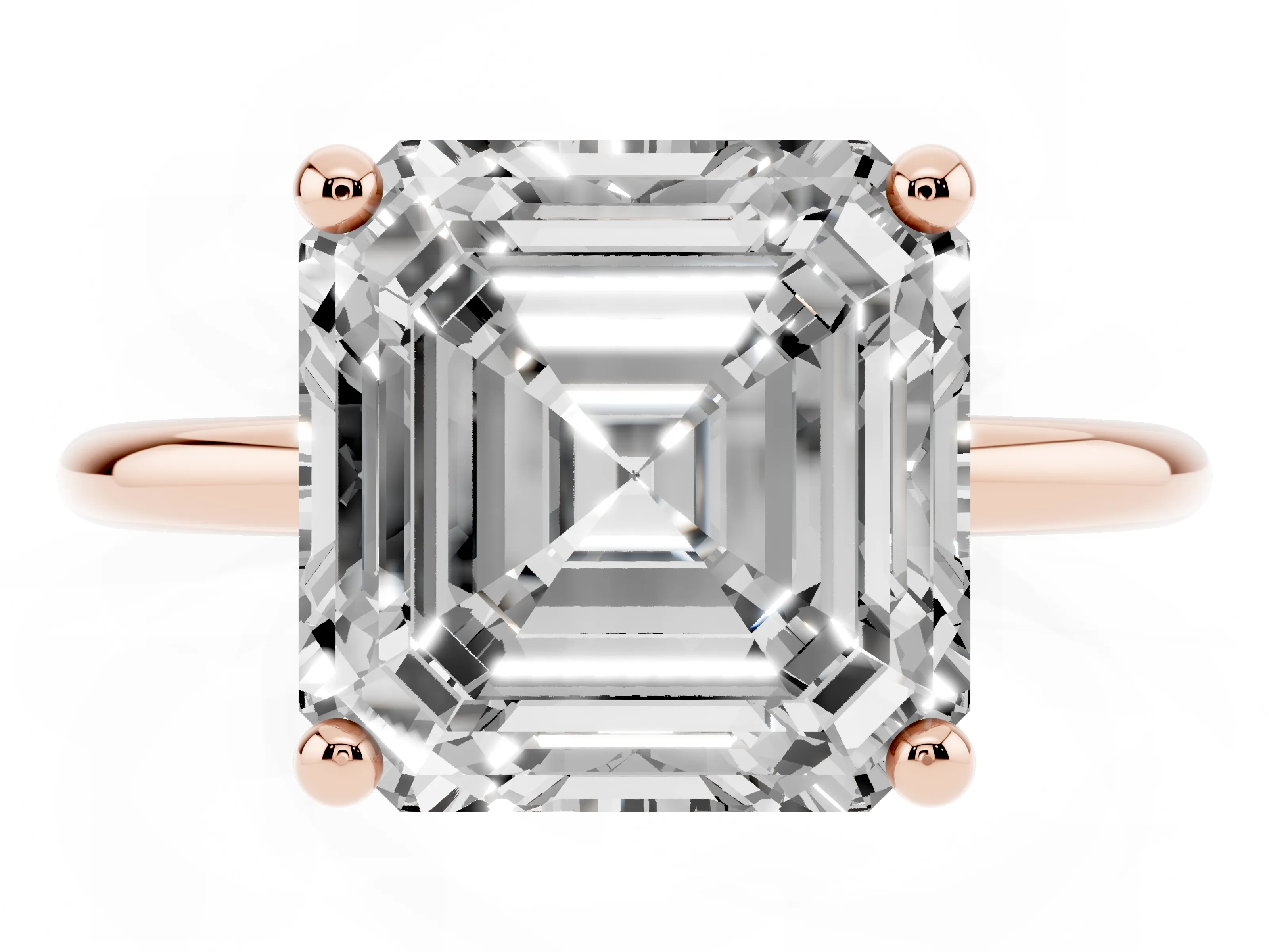 Asscher Cut Diamond Solitaire Ring Set in Rose gold with Secure Prong Setting on a Classic Band
