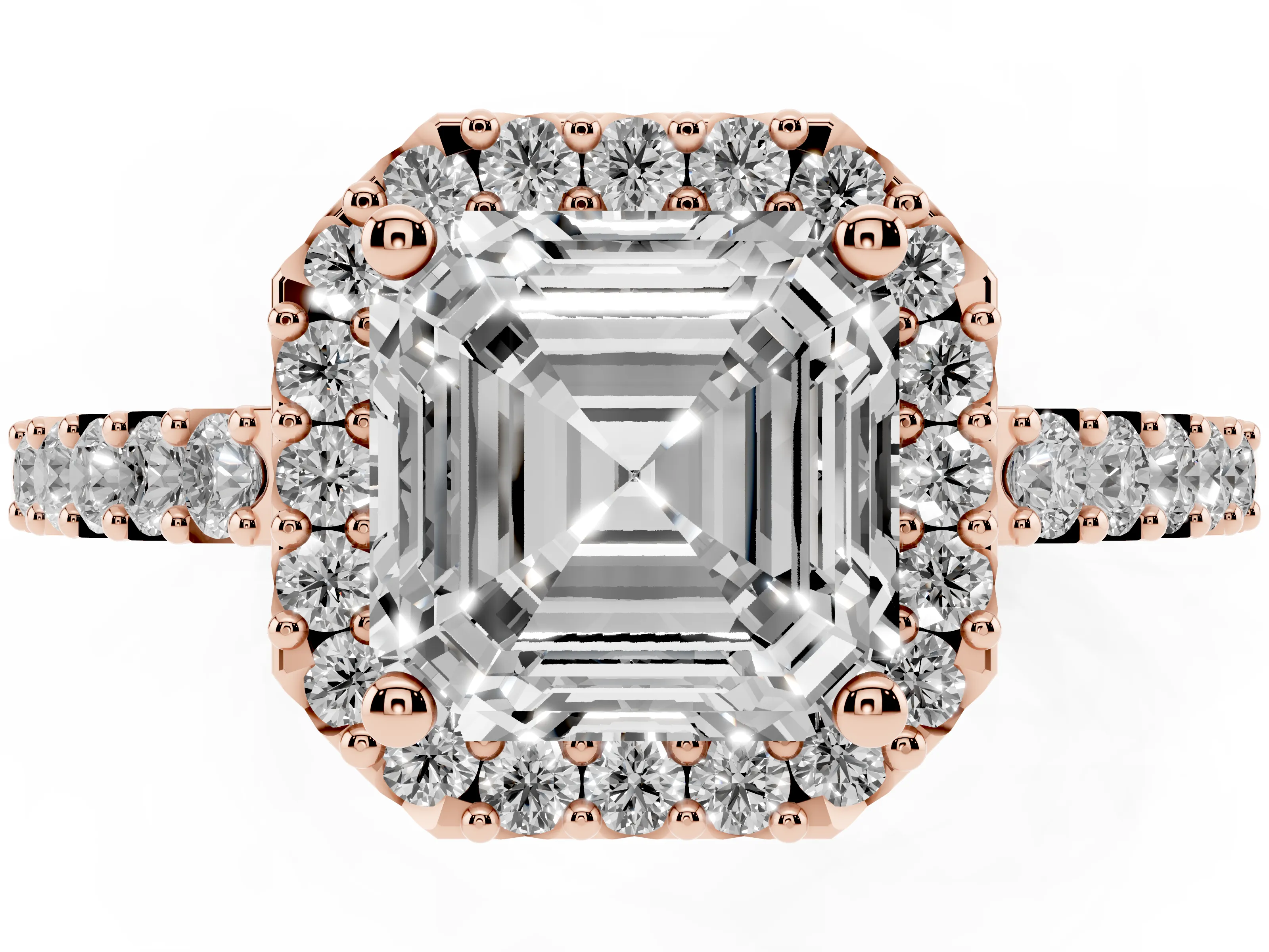 Asscher Cut Diamond Halo Pavé Solitaire Ring Set in Rose gold with Prong-Set Center Stone