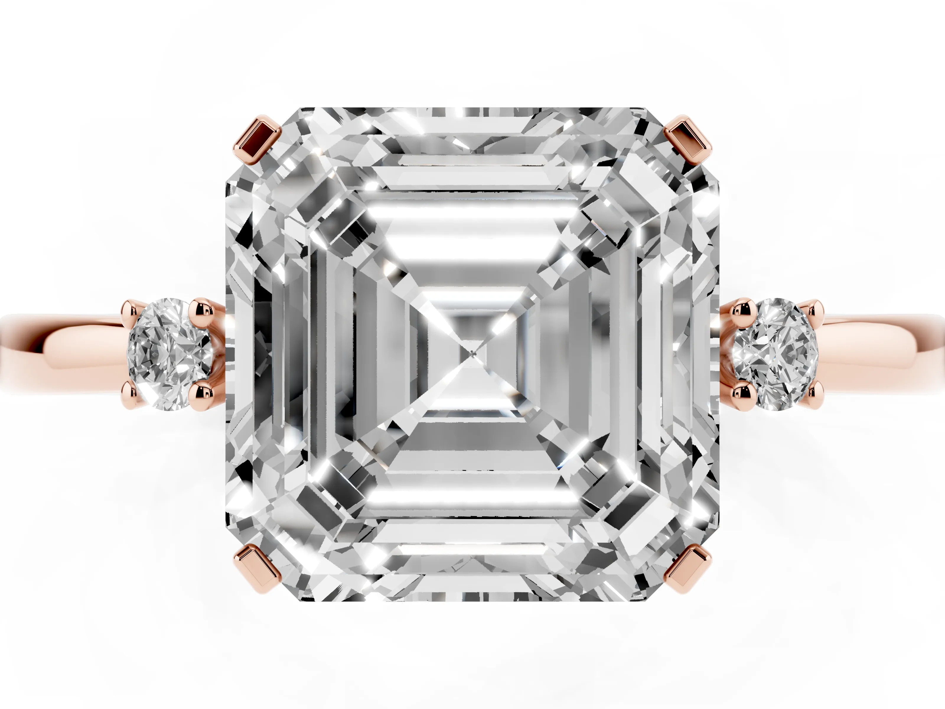 Three-Stone Asscher Cut Diamond Solitaire Ring Set in Rose gold with Round Accent Stones and Prong Setting