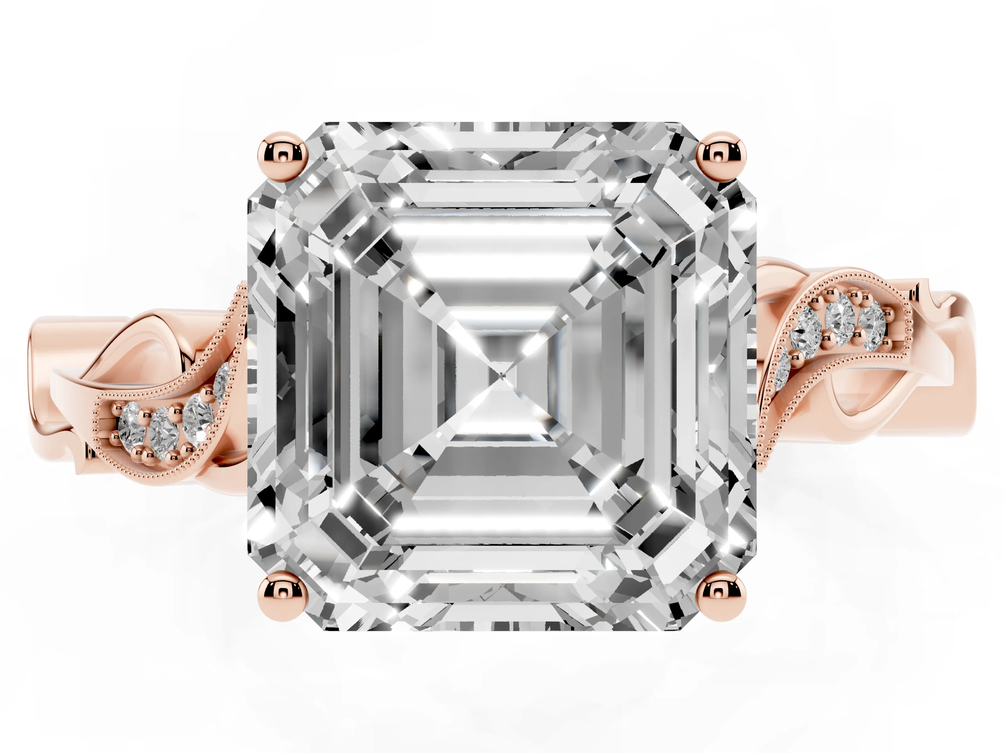 Asscher Cut Diamond Vine Band Solitaire Ring Set in Rose gold with Milgrain Prong Setting