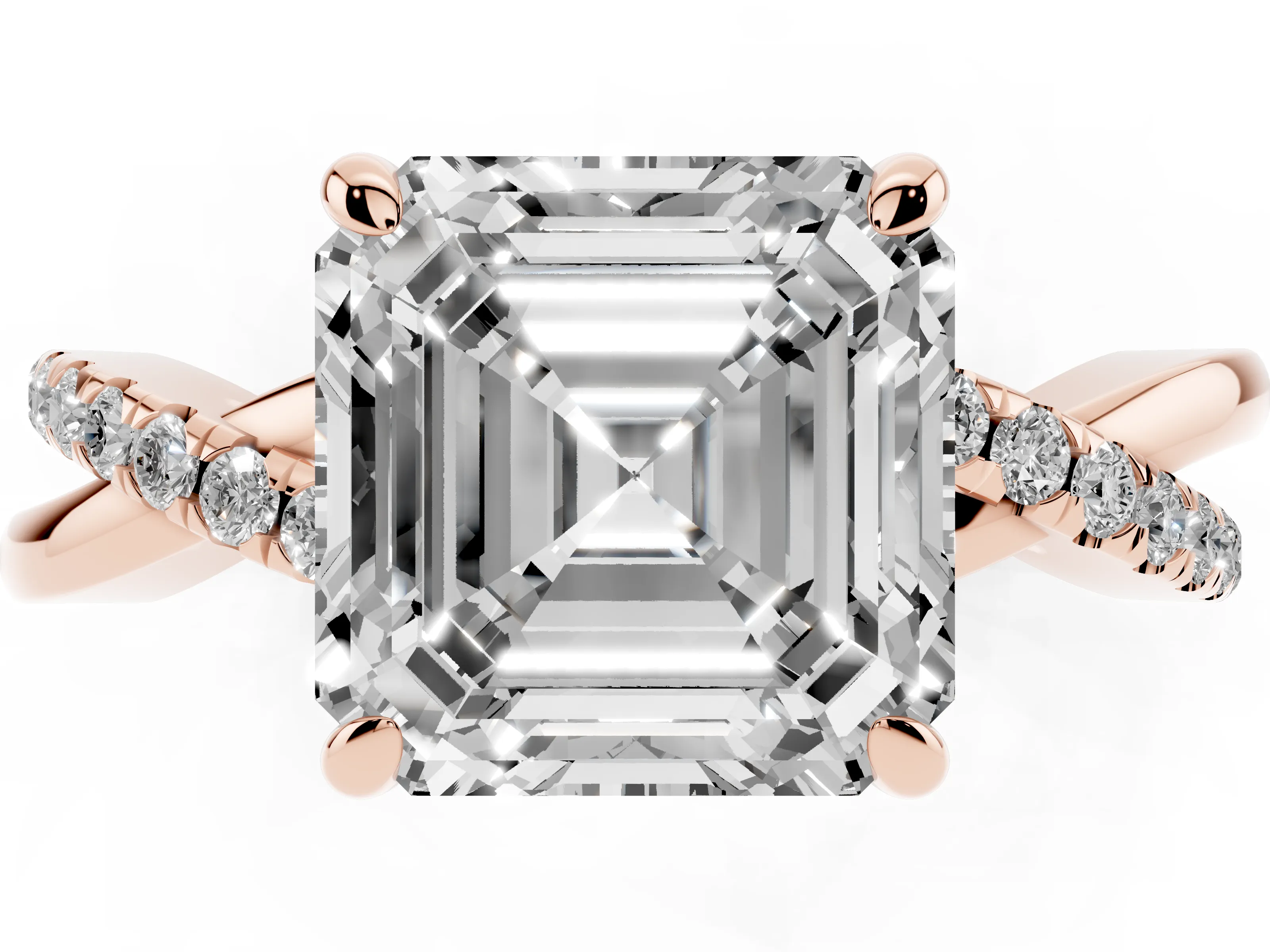 Asscher Cut Diamond Twist Band Pavé Solitaire Ring Set in Rose gold with Prong Setting