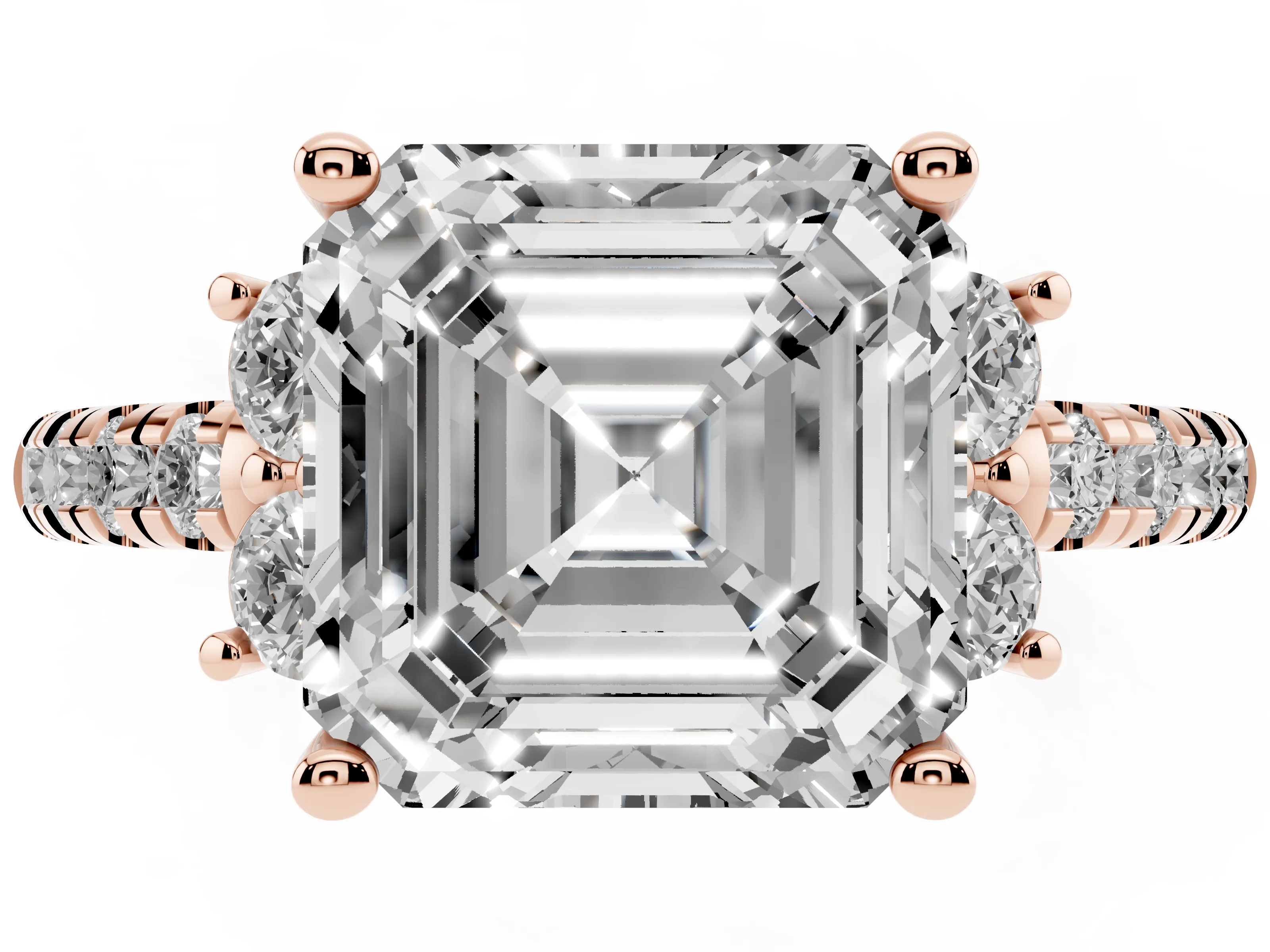 Asscher Cut Diamond Three-Stone Pavé Ring Set in Rose gold with Prong Setting
